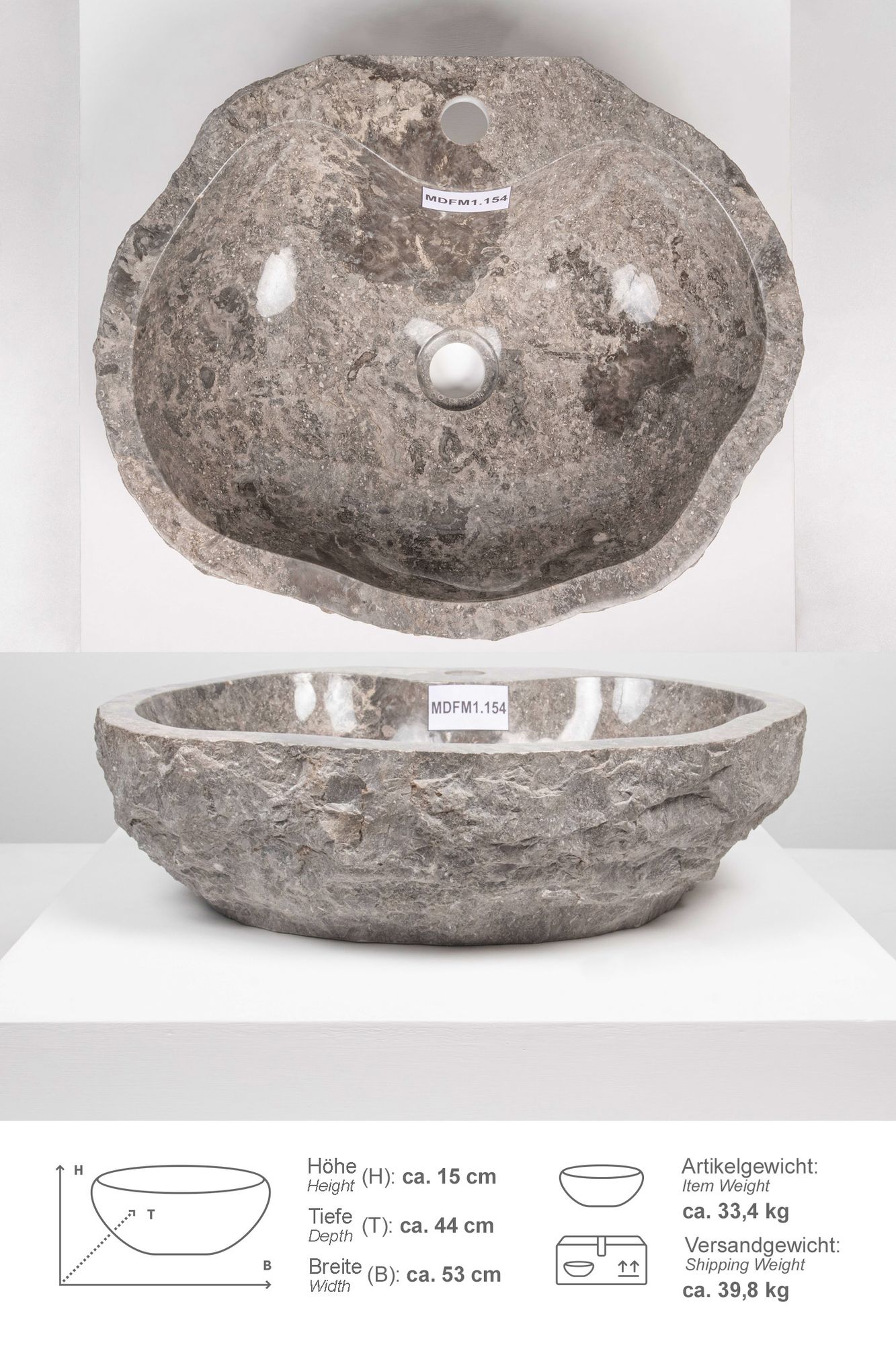 Erosi Marmor Waschbecken 50 cm grau mit gerader Rückwand MDFM1.154