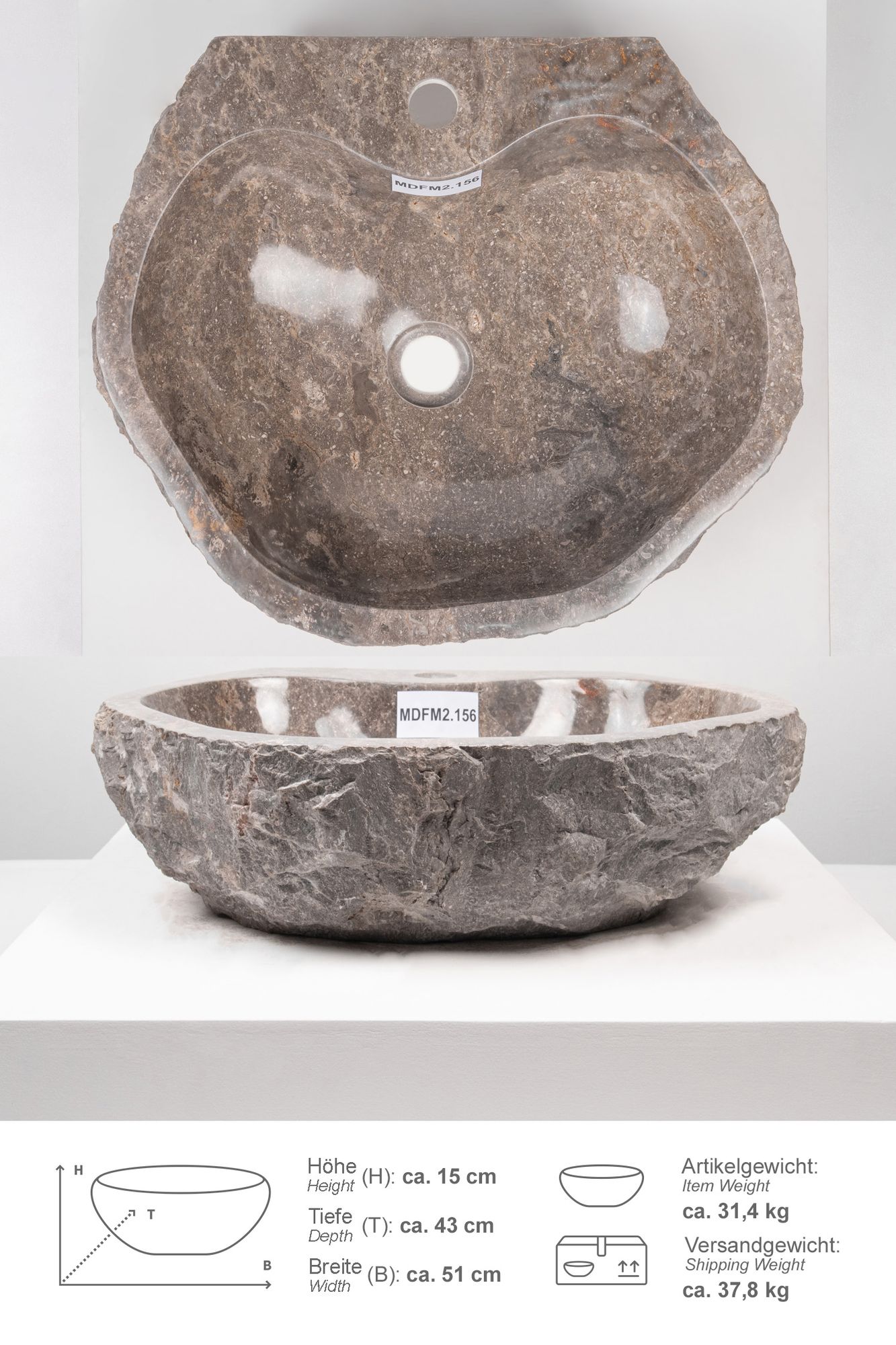 Erosi Marmor Waschbecken 50 cm grau mit gerader Rückwand MDFM2.156