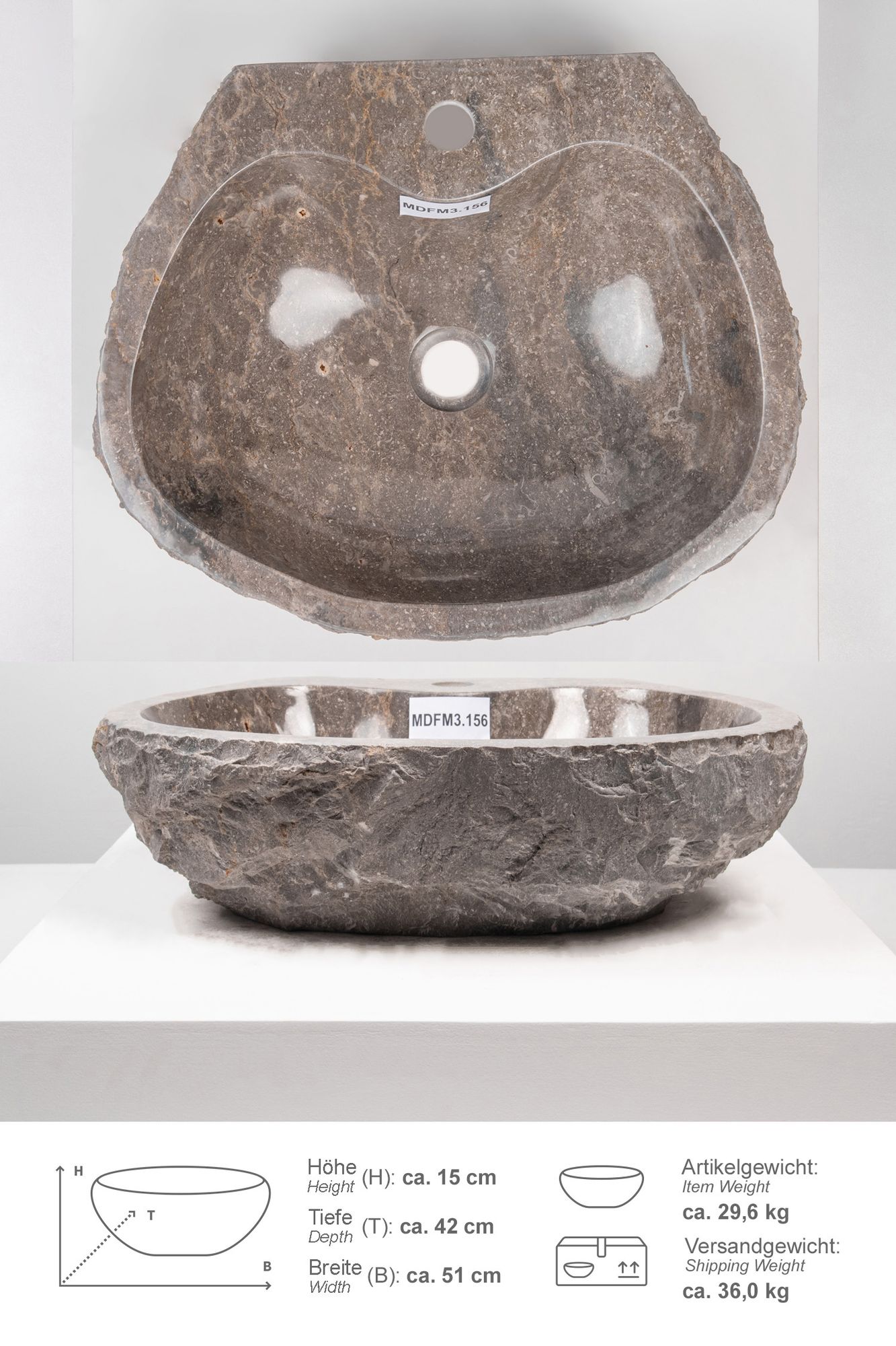 Erosi Marmor Waschbecken 50 cm grau mit gerader Rückwand MDFM3.156