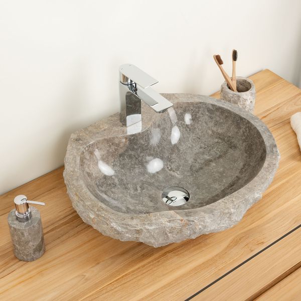 Erosi Marmor Waschbecken 50 cm grau mit gerader Rückwand