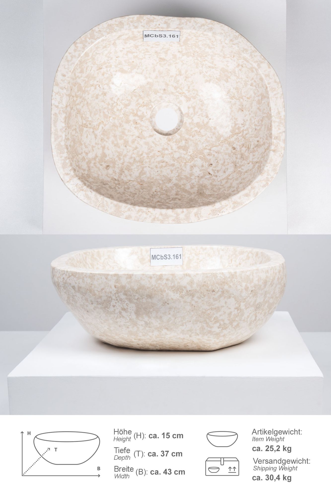 Erosi Marmor Waschbecken 40 cm creme rundum poliert MCbS3.161
