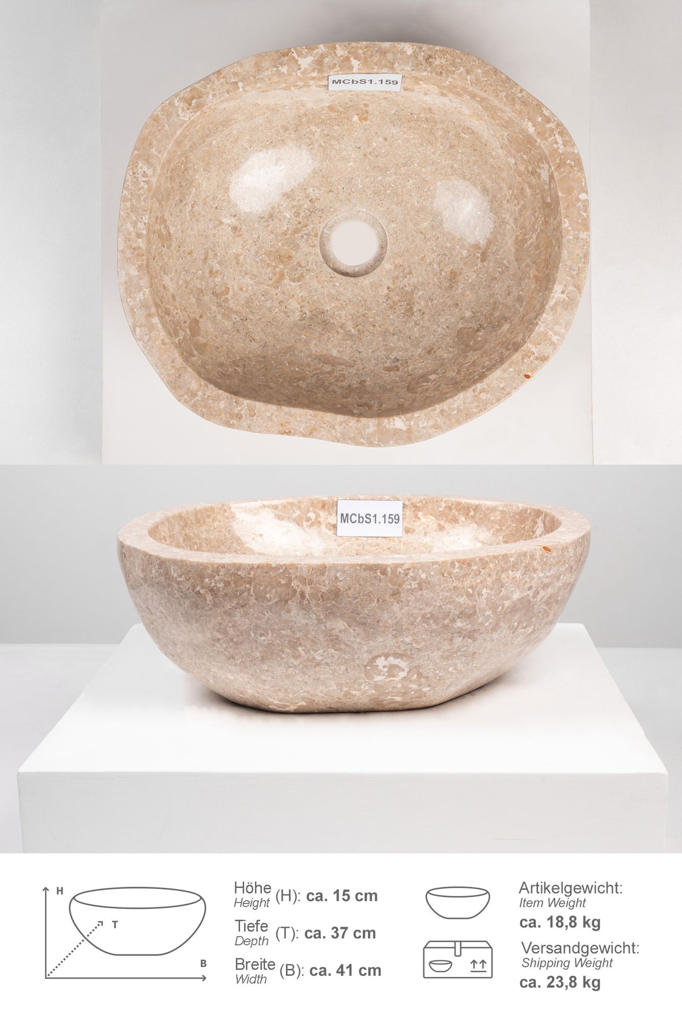 Erosi Marmor Waschbecken 40 cm creme rundum poliert MCbS1.159