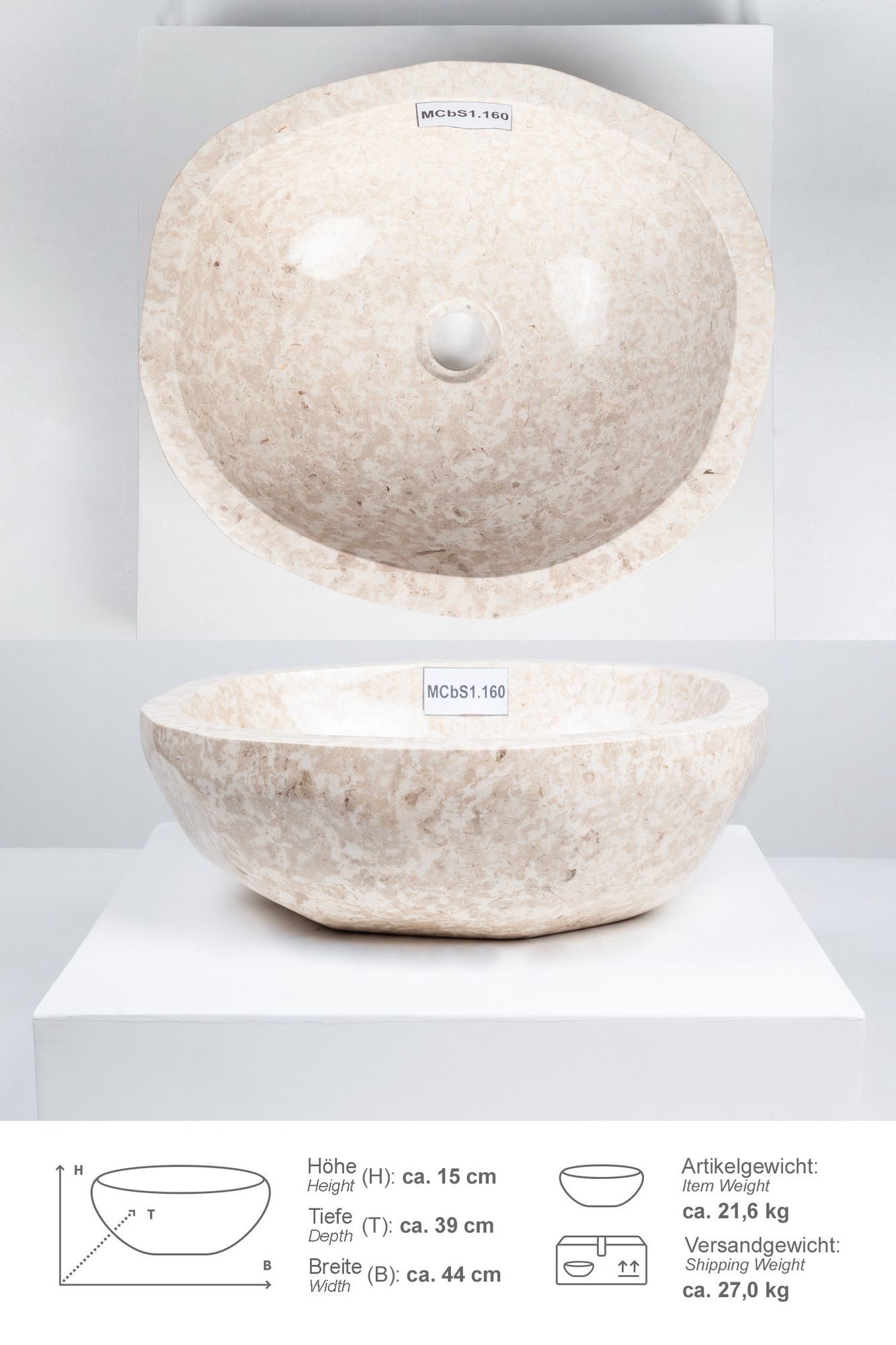 Erosi Marmor Waschbecken 40 cm creme rundum poliert MCbS1.160