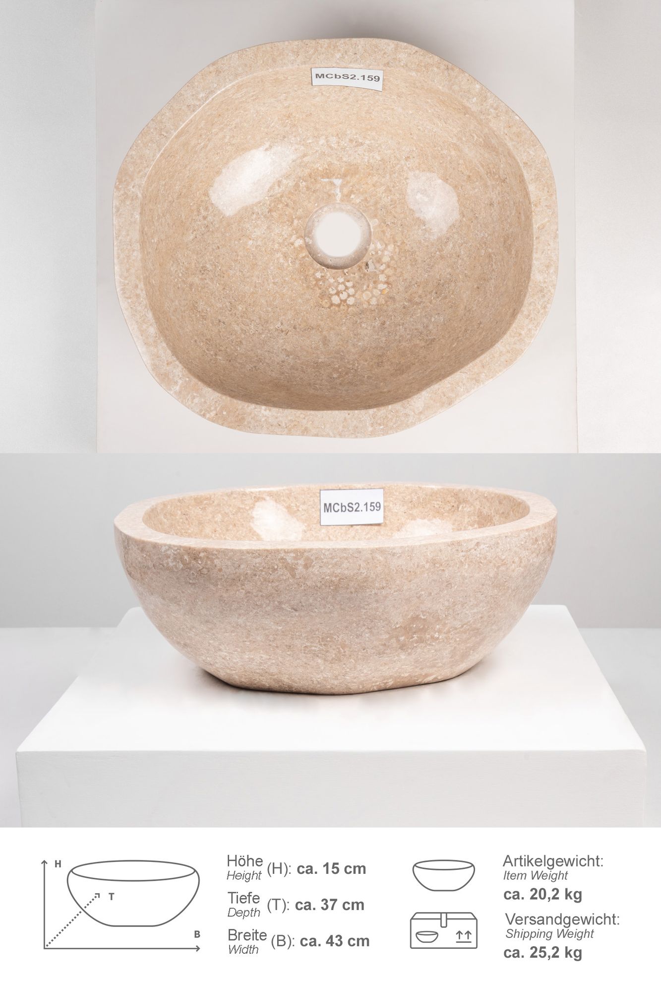 Erosi Marmor Waschbecken 40 cm creme rundum poliert MCbS2.159