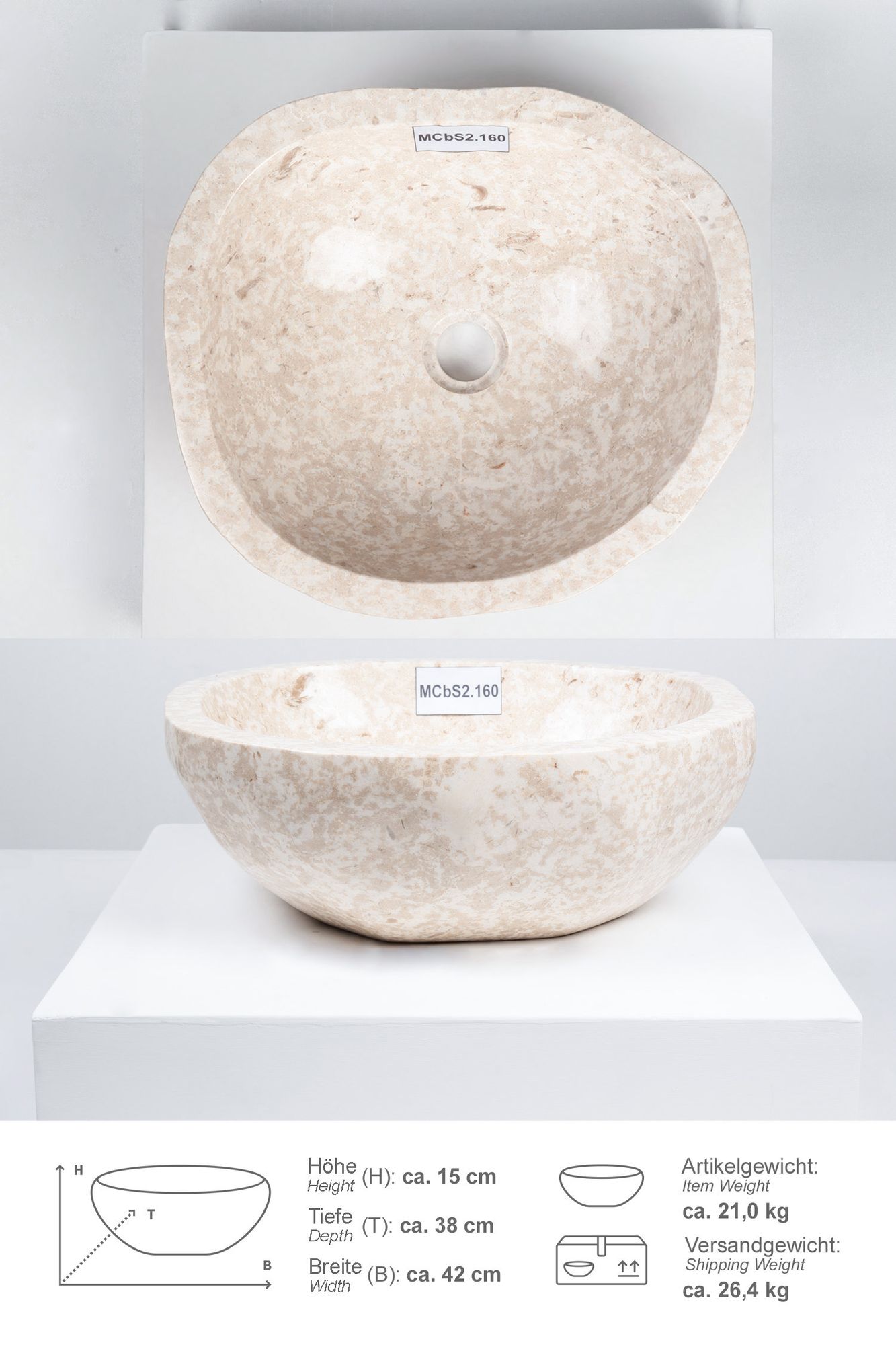 Erosi Marmor Waschbecken 40 cm creme rundum poliert MCbS2.160