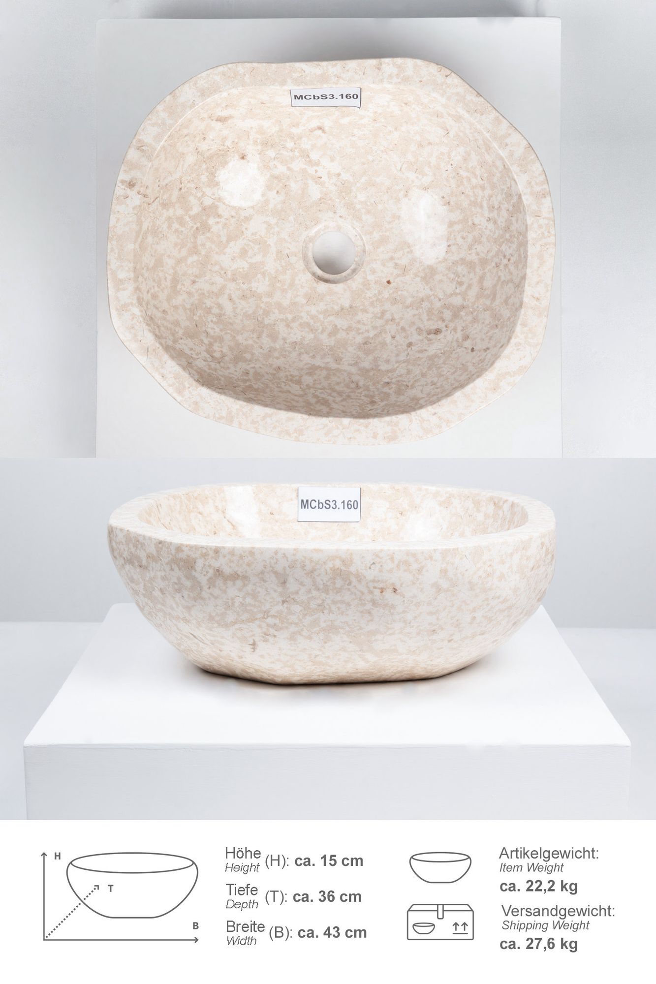 Erosi Marmor Waschbecken 40 cm creme rundum poliert MCbS3.160
