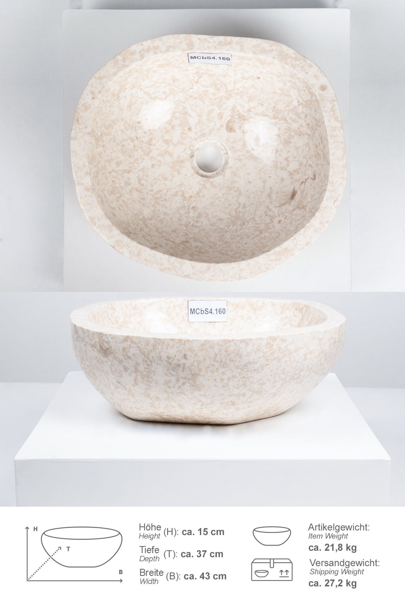 Erosi Marmor Waschbecken 40 cm creme rundum poliert MCbS4.160