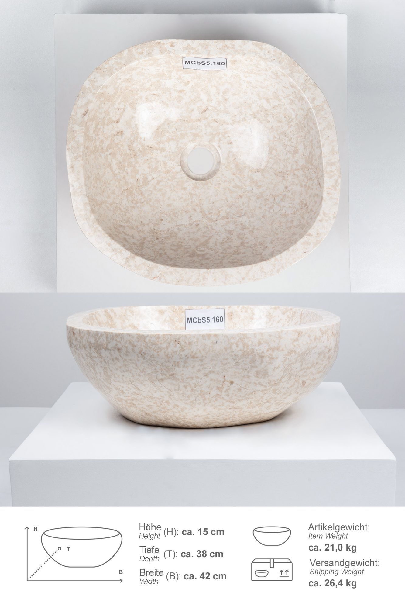 Erosi Marmor Waschbecken 40 cm creme rundum poliert MCbS5.160