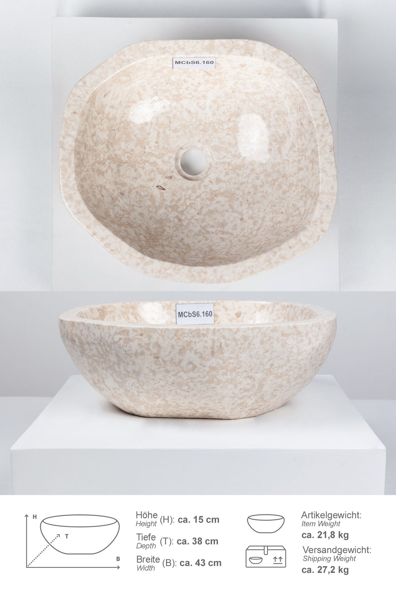 Erosi Marmor Waschbecken 40 cm creme rundum poliert MCbS6.160
