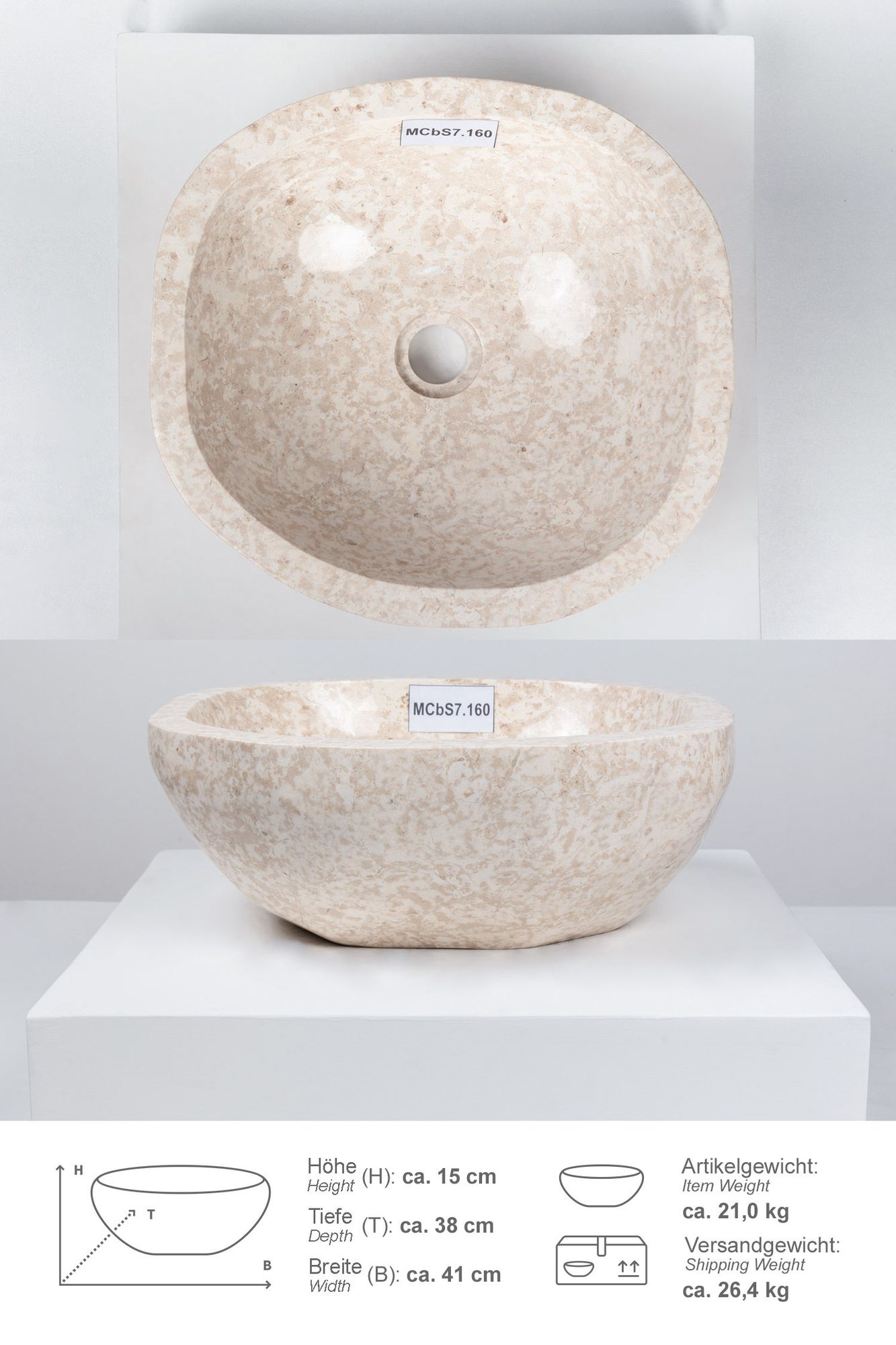 Erosi Marmor Waschbecken 40 cm creme rundum poliert MCbS7.160