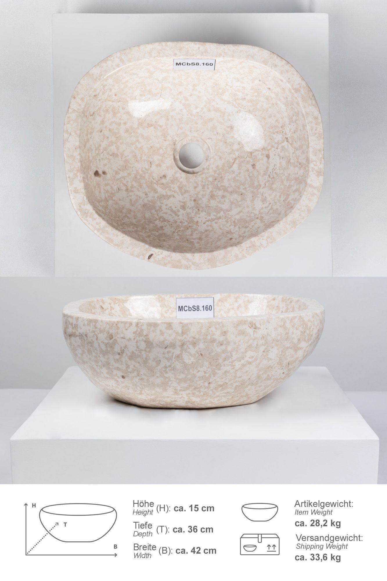 Erosi Marmor Waschbecken 40 cm creme rundum poliert MCbS8.160