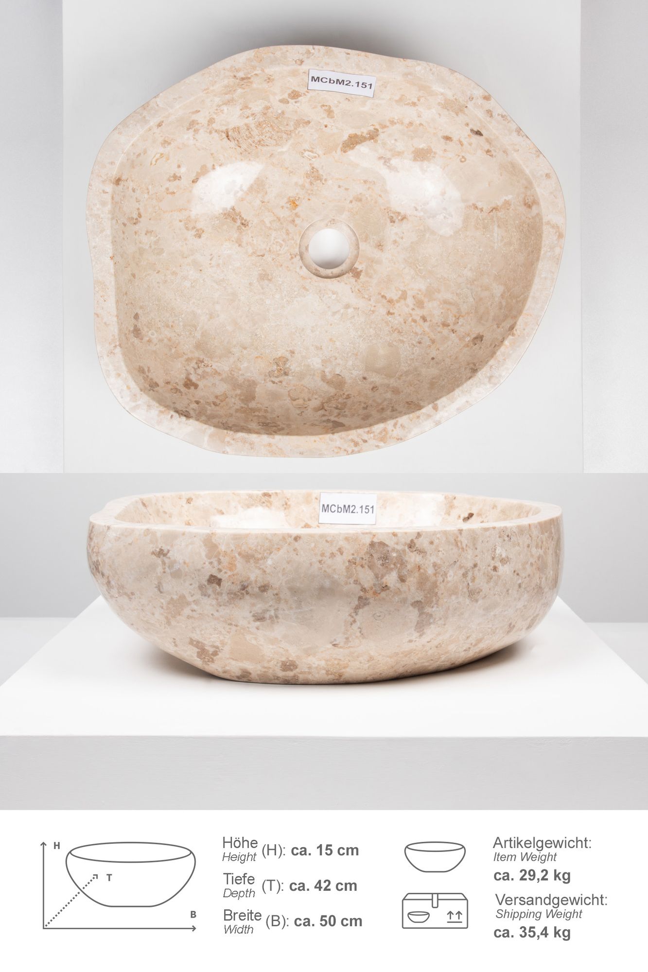 Erosi Marmor Waschbecken 50 cm creme rundum poliert MCbM2.151