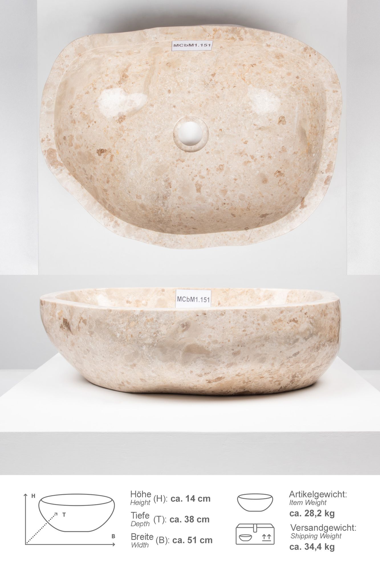 Erosi Marmor Waschbecken 50 cm creme rundum poliert MCbM1.151