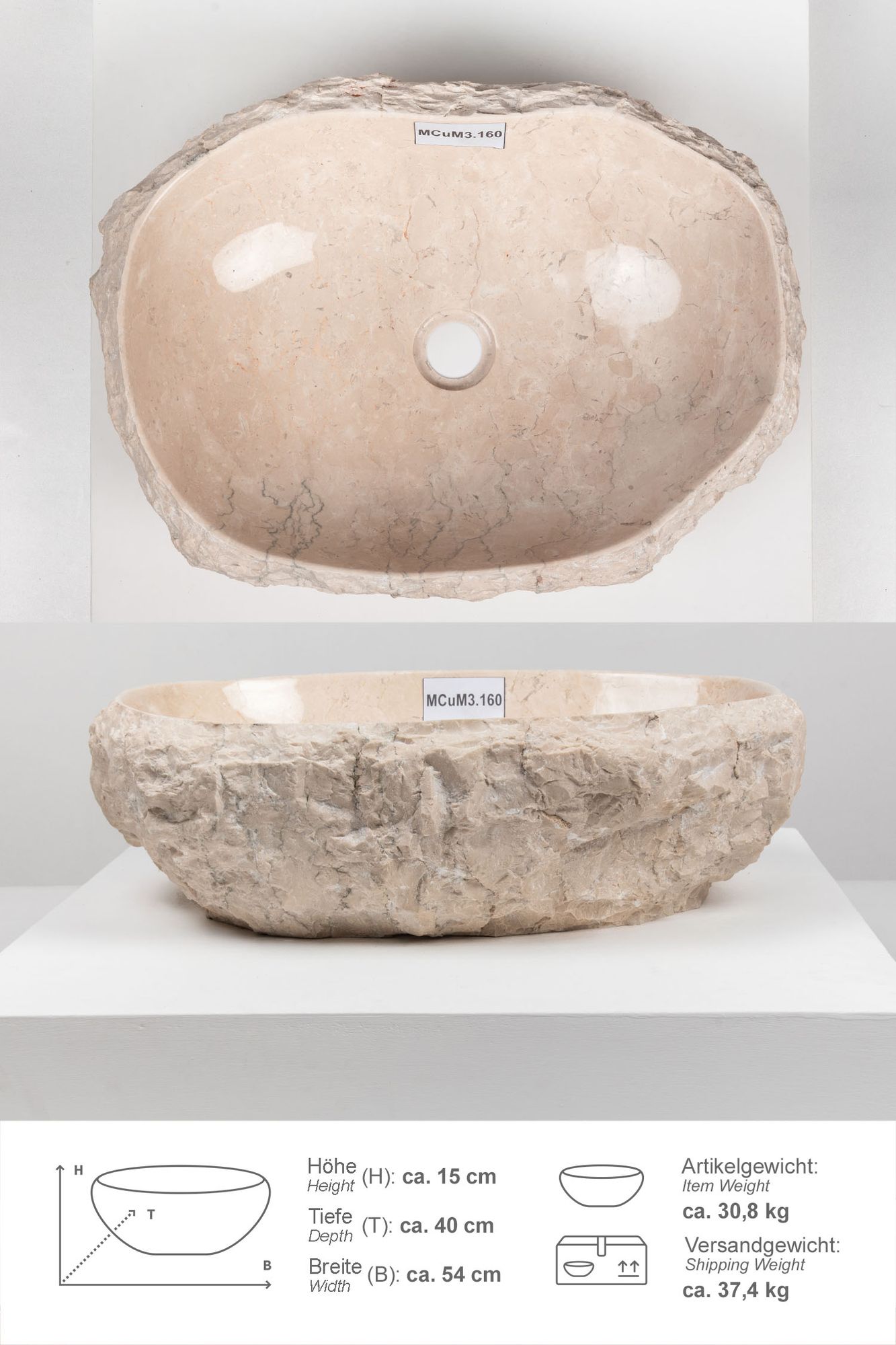 Erosi Marmor Waschbecken mit Naturkante 50 cm creme MCuM3.160