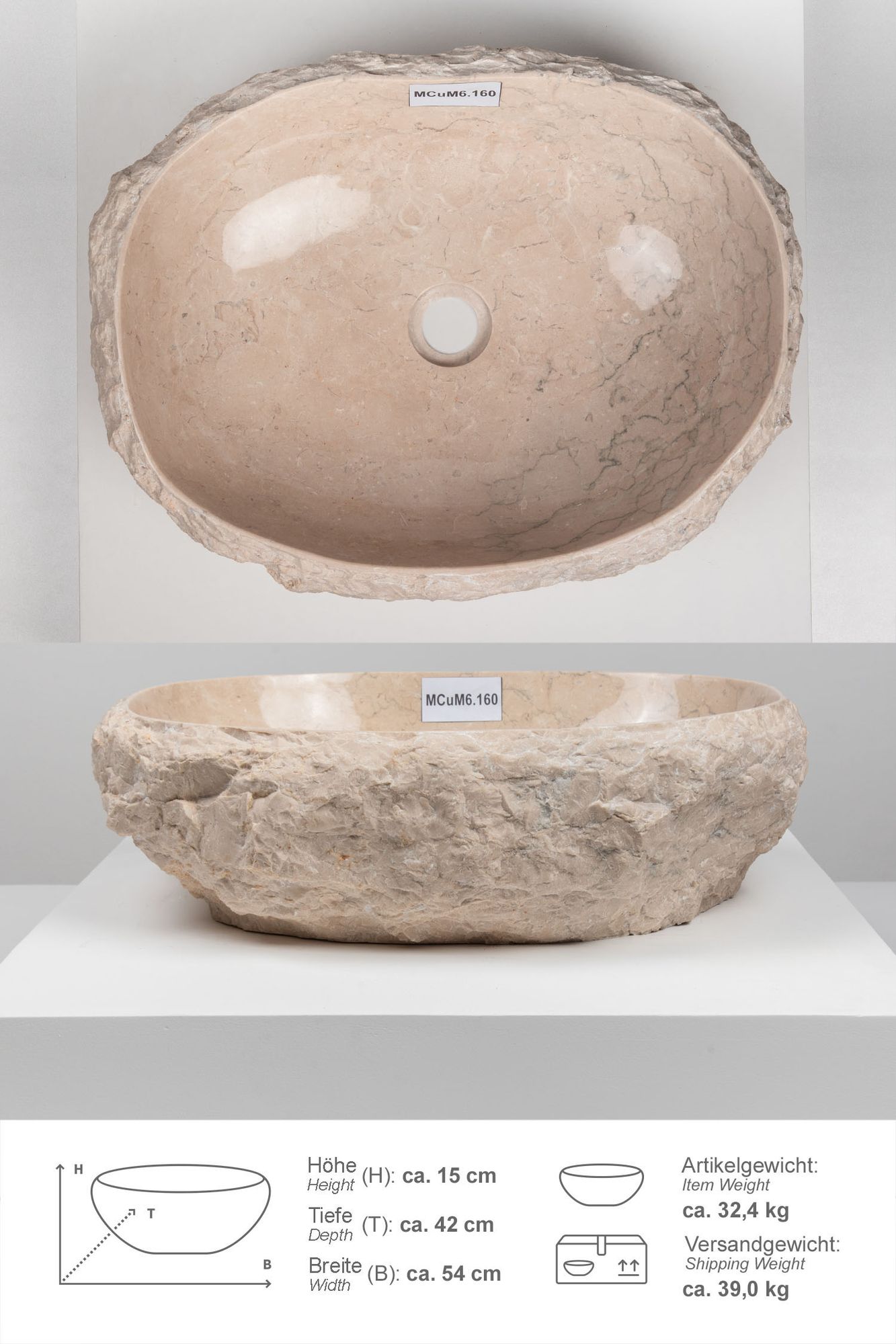 Erosi Marmor Waschbecken mit Naturkante 50 cm creme MCuM6.160