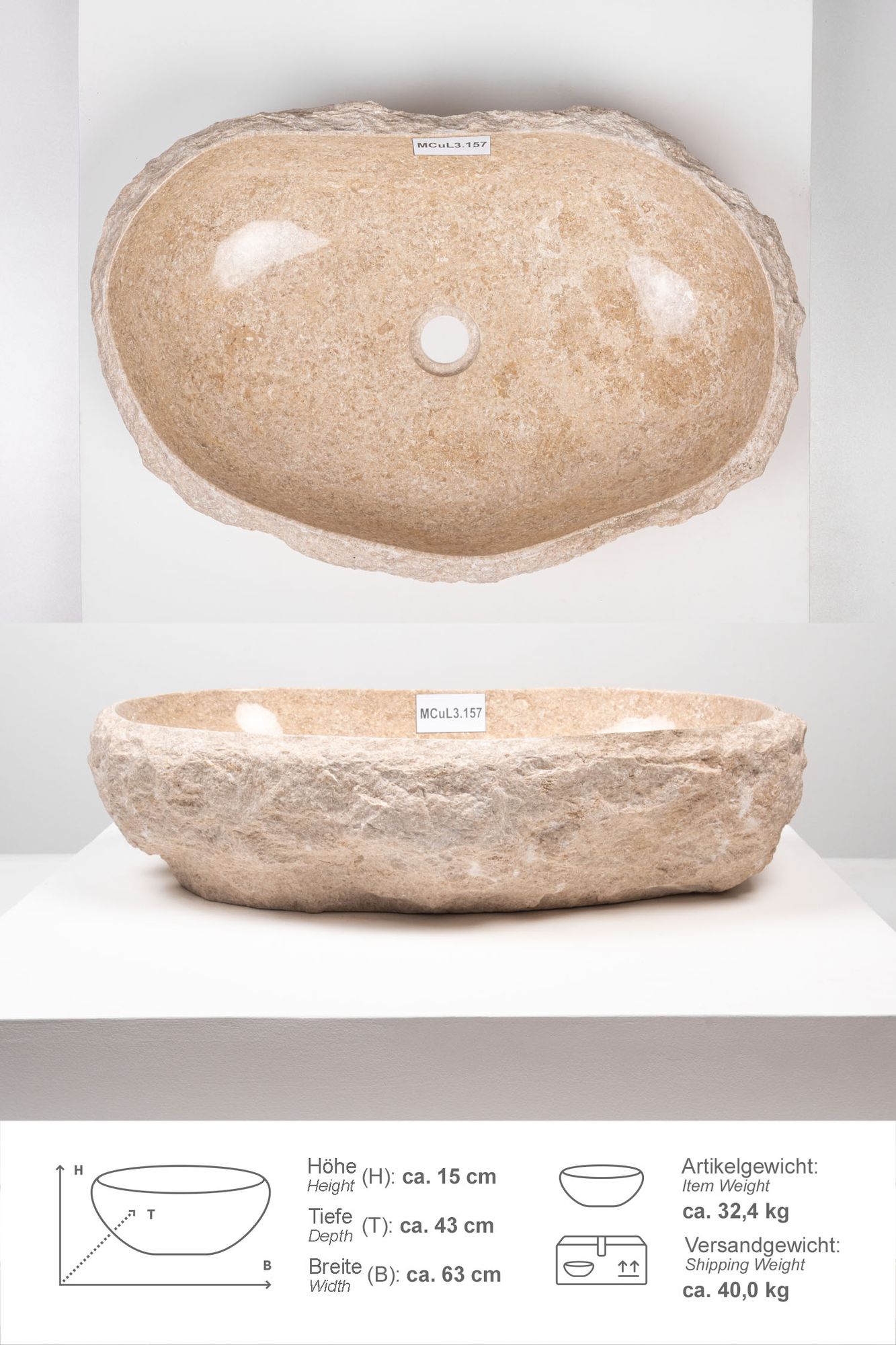 Erosi Marmor Waschbecken mit Naturkante 60 cm creme MCuL3.157