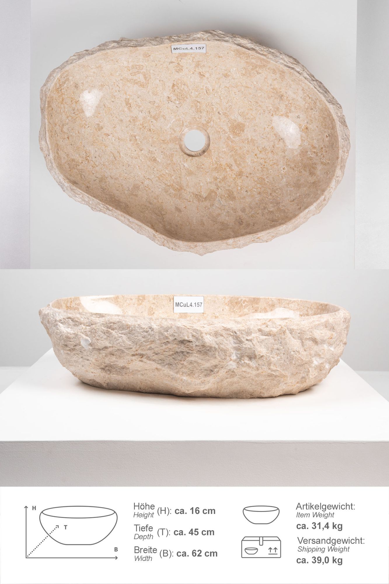 Erosi Marmor Waschbecken mit Naturkante 60 cm creme MCuL4.157