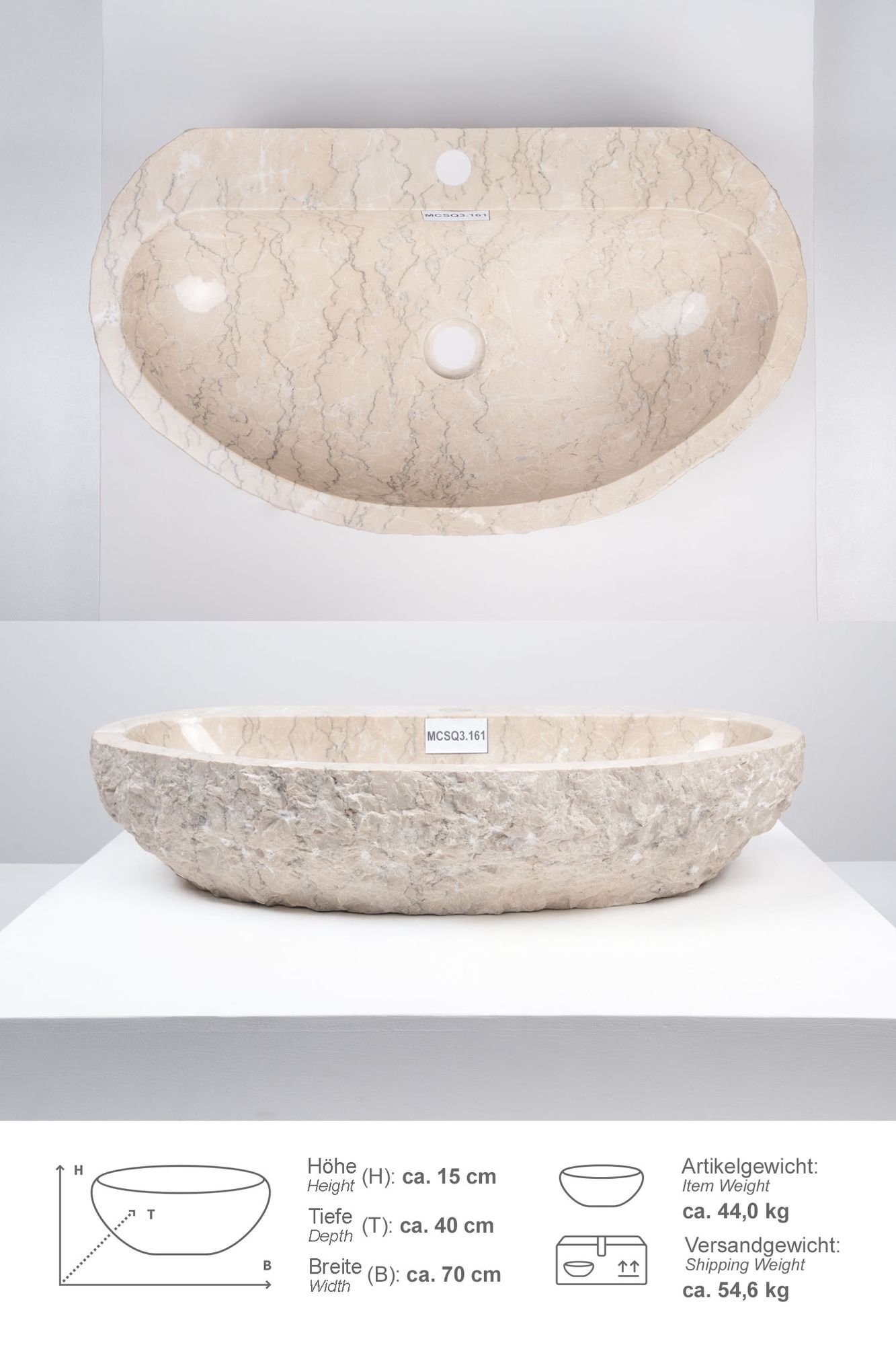 Erosi Marmor Waschbecken creme mit Hahnloch 70 cm MCSQ3.161
