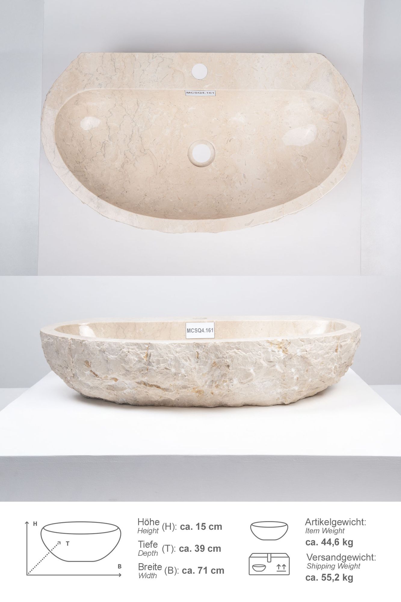 Erosi Marmor Waschbecken creme mit Hahnloch 70 cm MCSQ4.161
