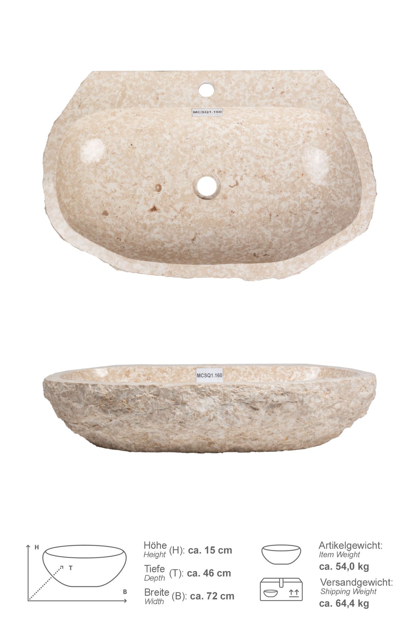 Erosi Marmor Waschbecken creme mit Hahnloch 70 cm MCSQ1.160