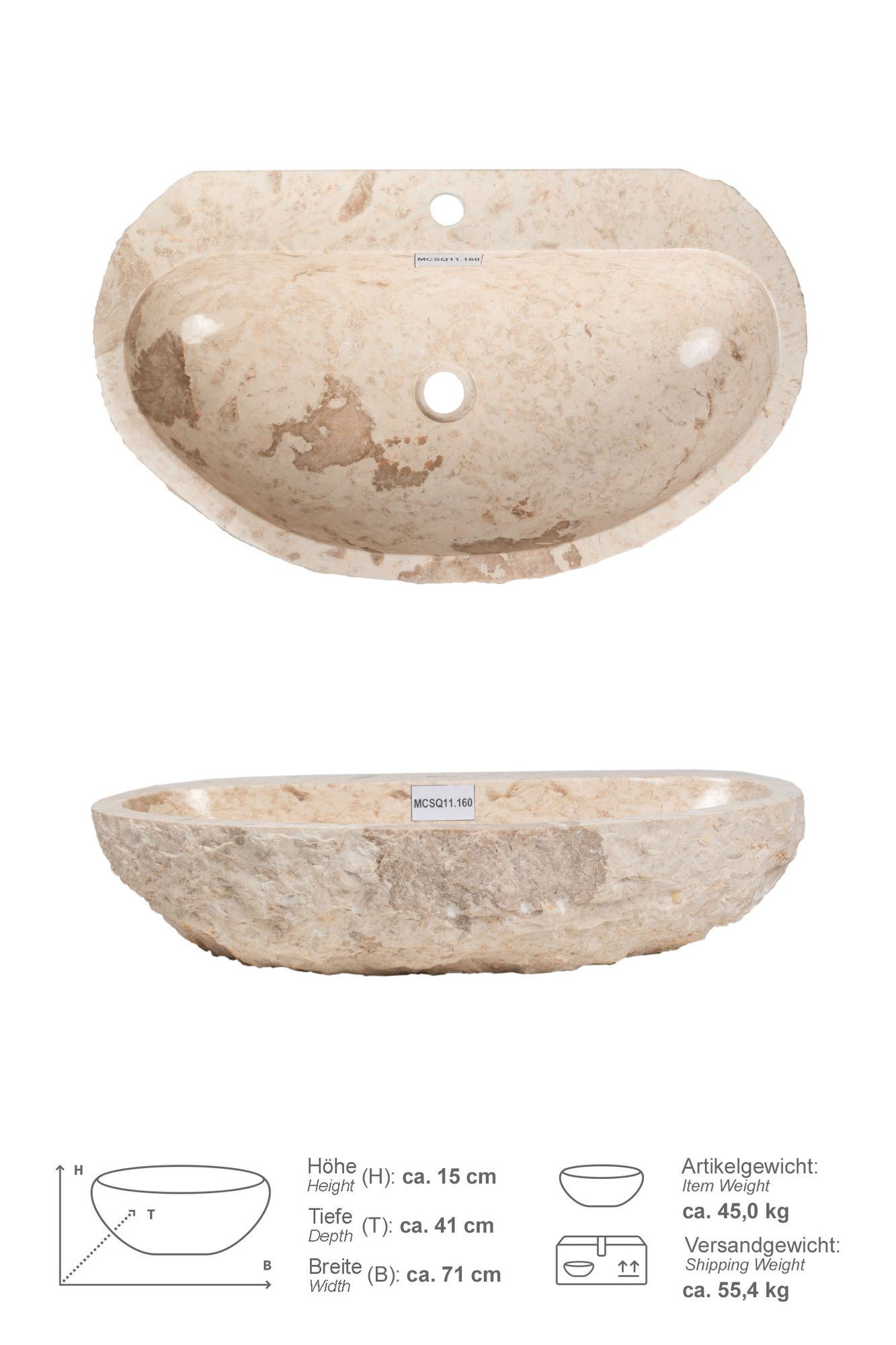 Erosi Marmor Waschbecken creme mit Hahnloch 70 cm MCSQ11.160