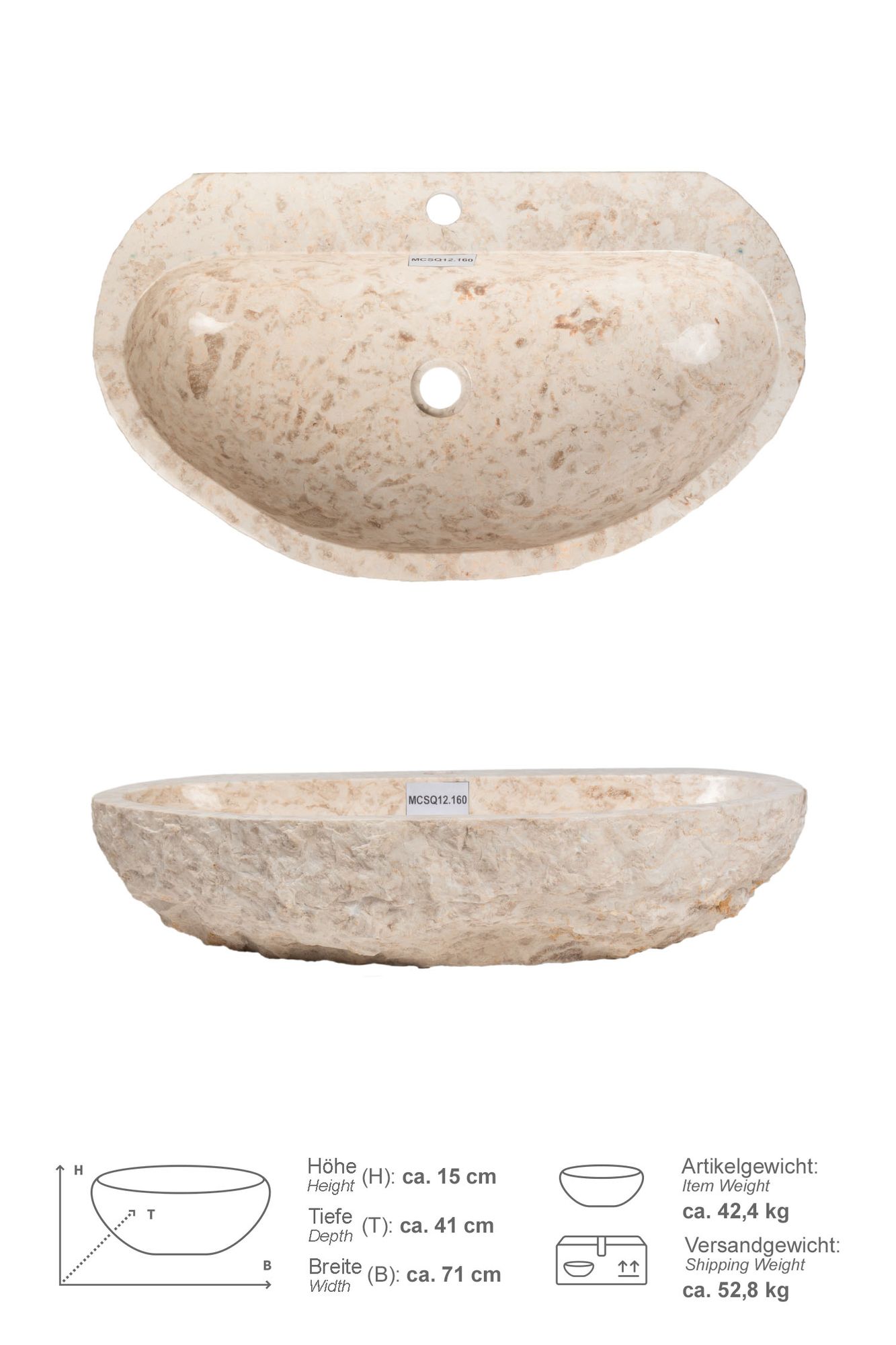 Erosi Marmor Waschbecken creme mit Hahnloch 70 cm MCSQ12.160