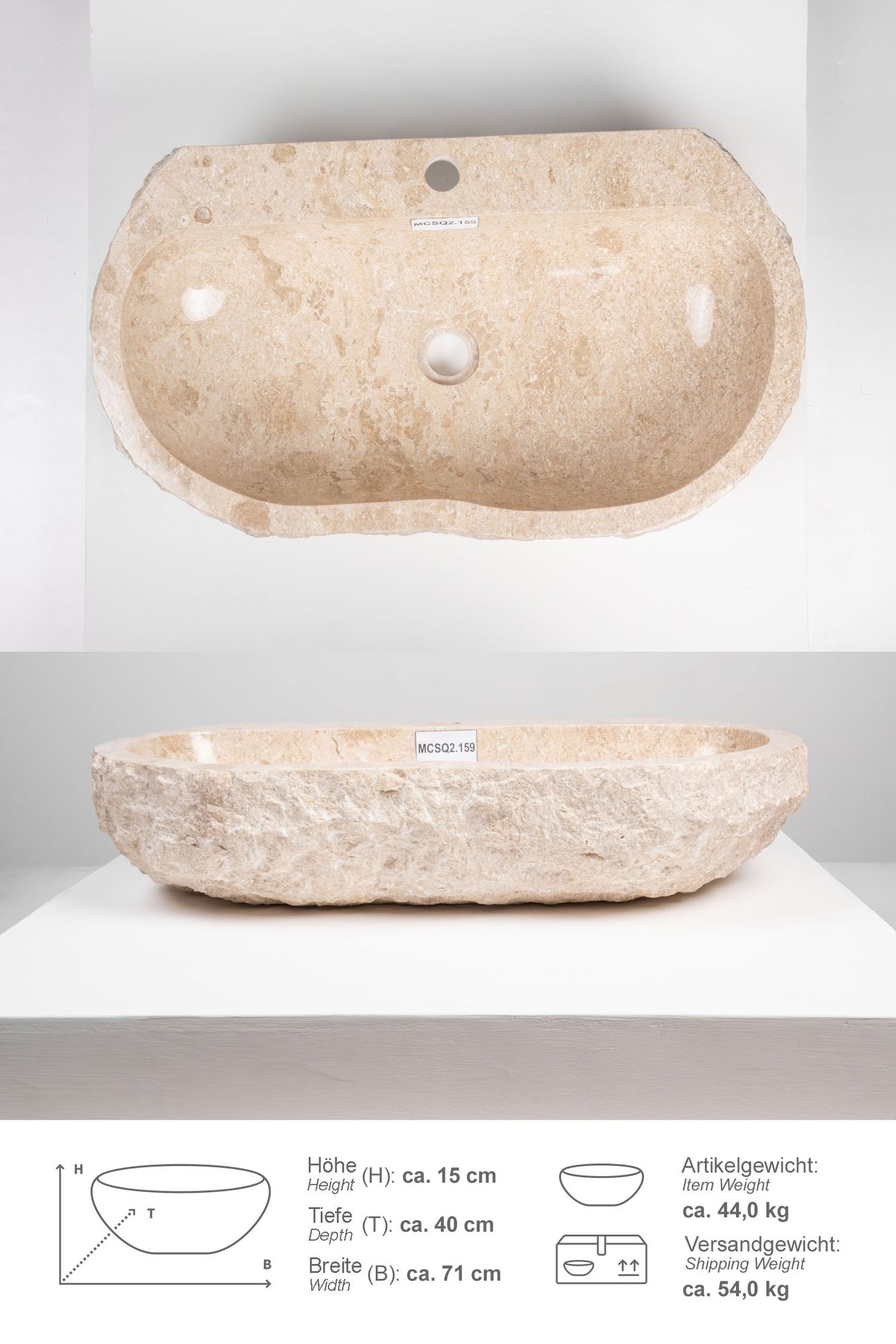Erosi Marmor Waschbecken creme mit Hahnloch 70 cm MCSQ2.159