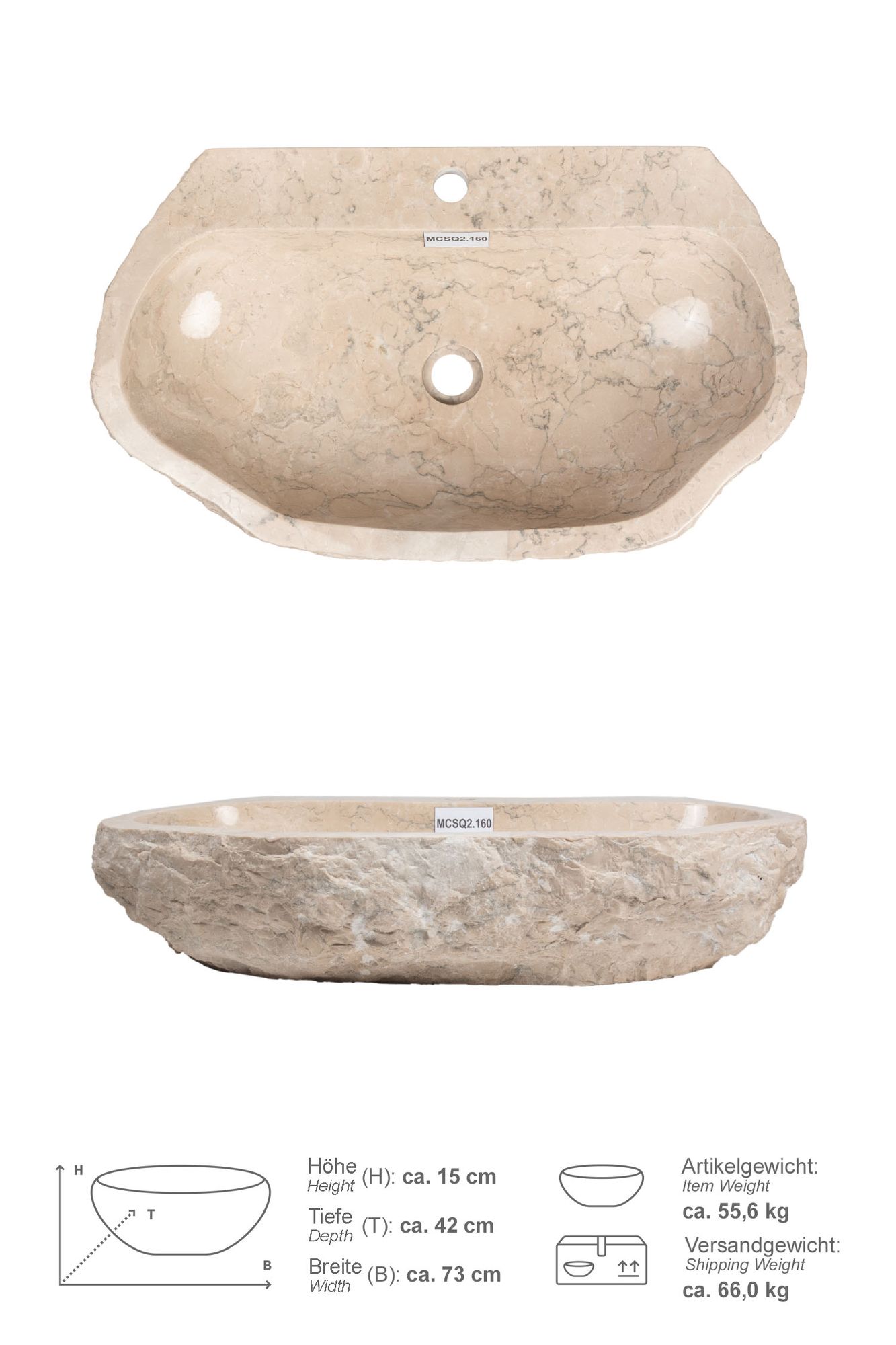 Erosi Marmor Waschbecken creme mit Hahnloch 70 cm MCSQ2.160