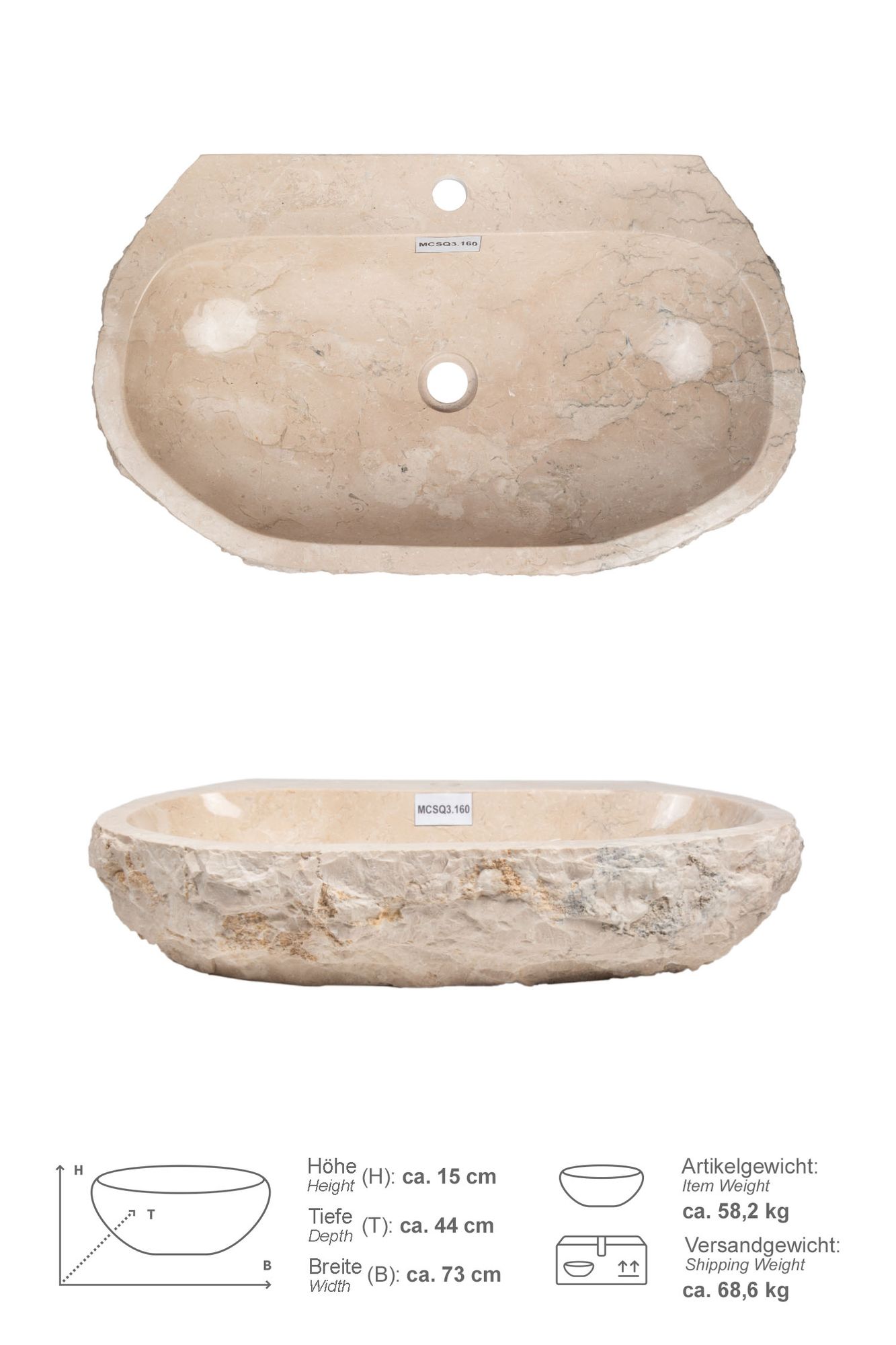 Erosi Marmor Waschbecken creme mit Hahnloch 70 cm MCSQ3.160
