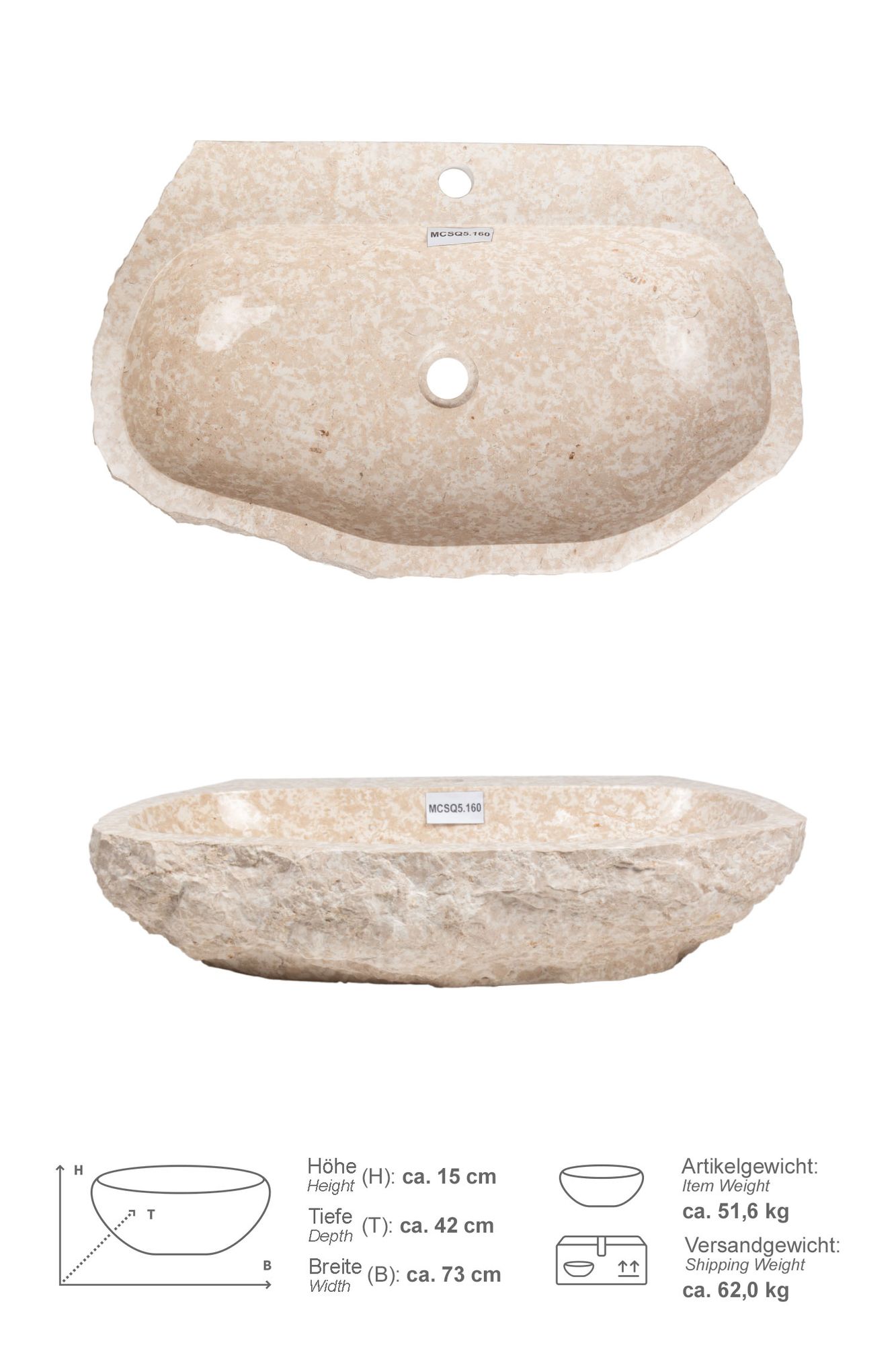 Erosi Marmor Waschbecken creme mit Hahnloch 70 cm MCSQ5.160