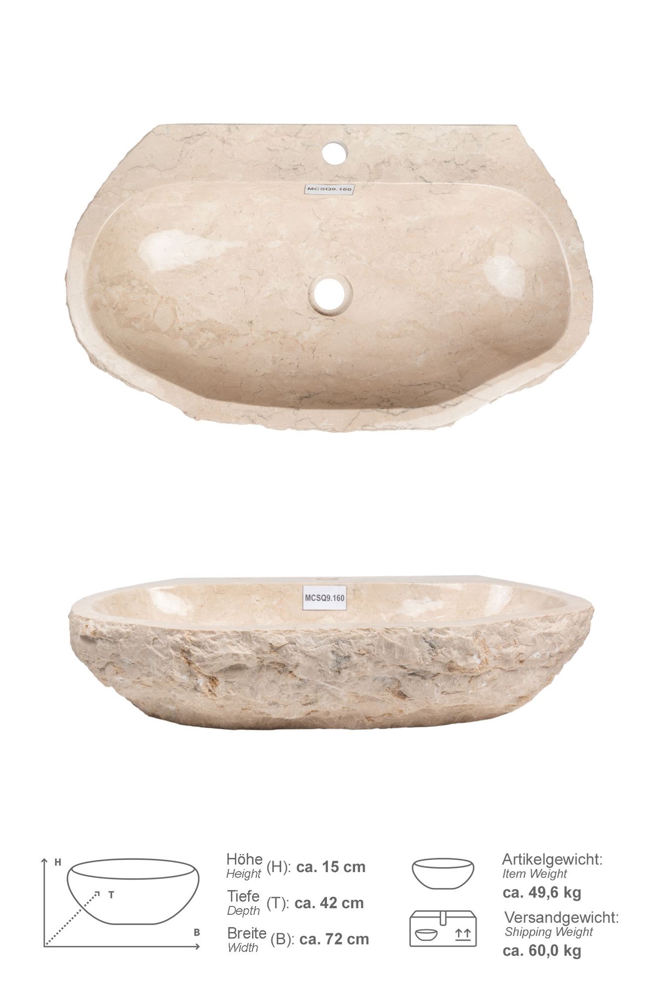 Erosi Marmor Waschbecken creme mit Hahnloch 70 cm MCSQ9.160