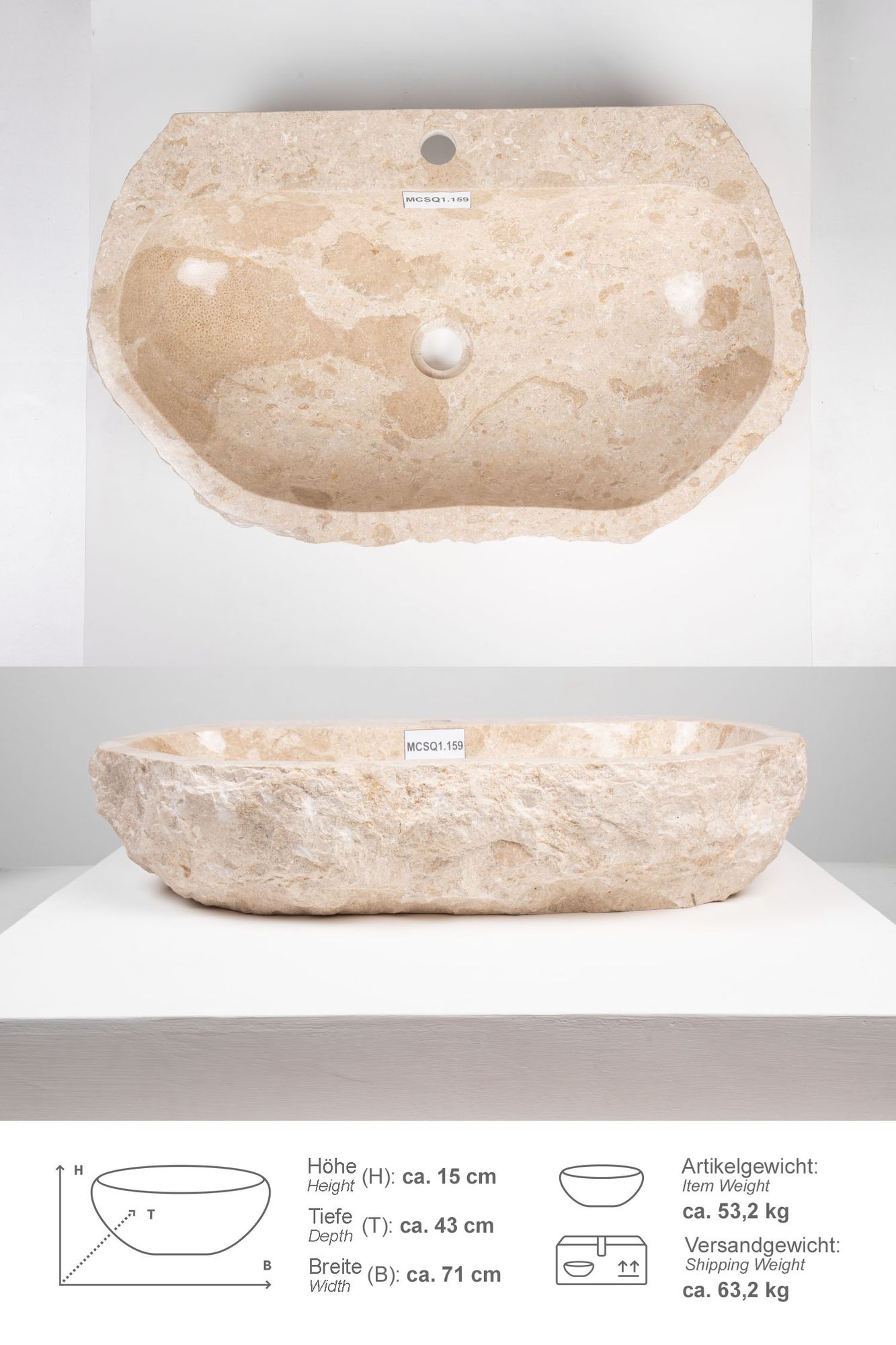 Erosi Marmor Waschbecken creme mit Hahnloch 70 cm MCSQ1.159