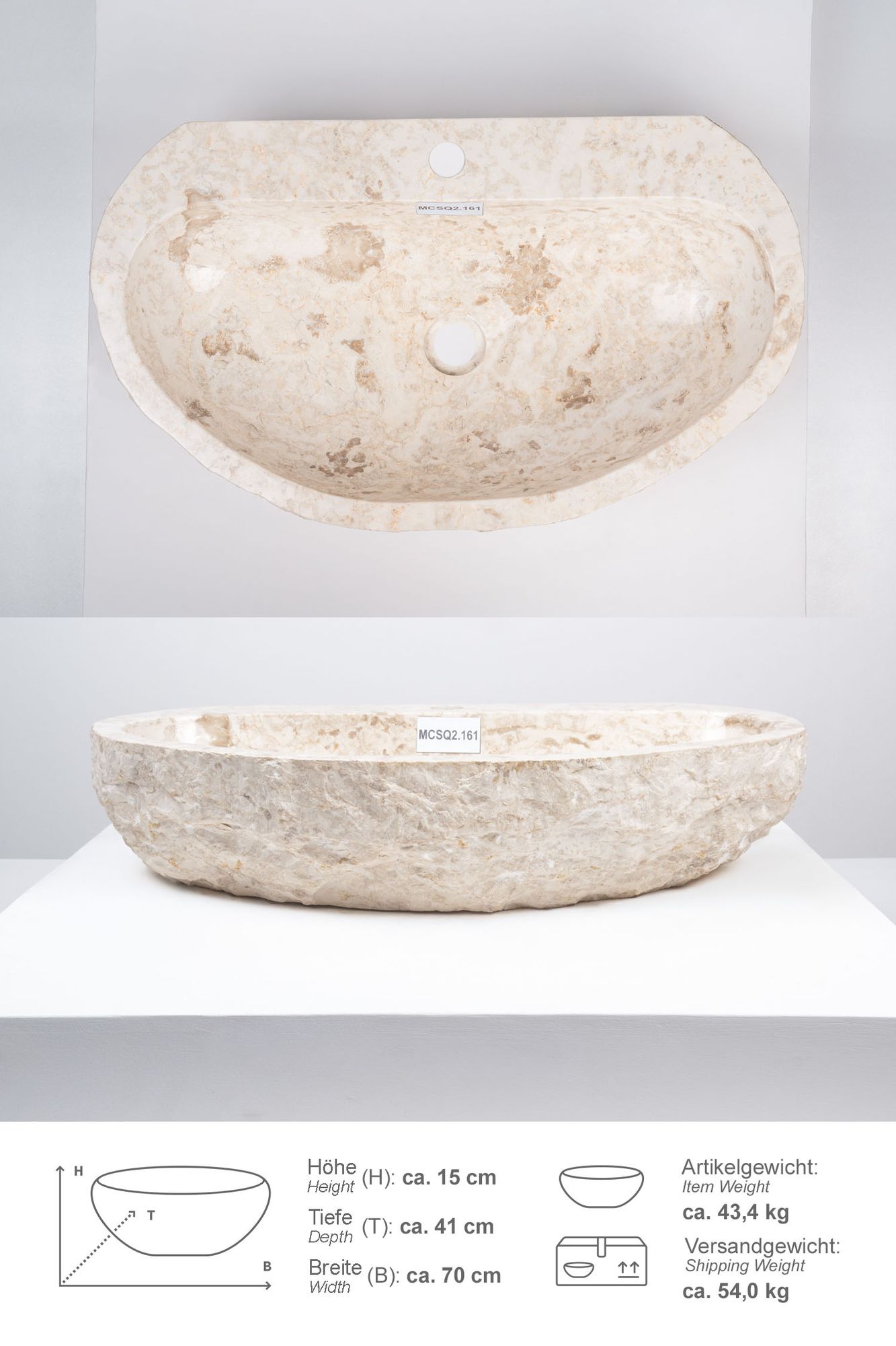 Erosi Marmor Waschbecken creme mit Hahnloch 70 cm MCSQ2.161