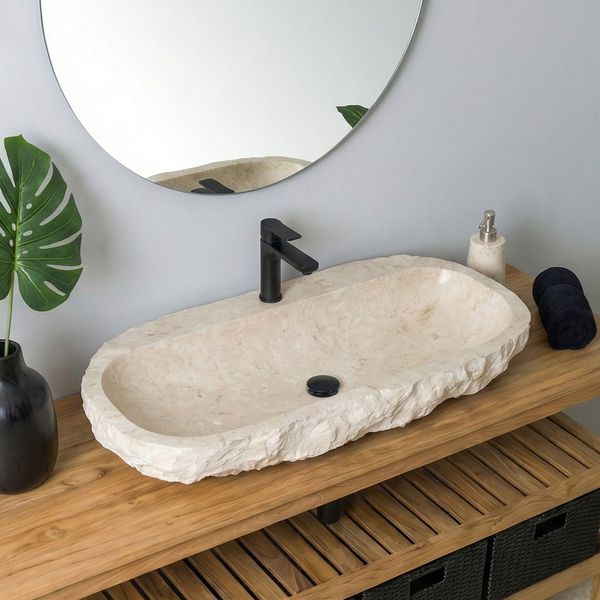 Erosi Marmor Waschbecken creme mit Hahnloch 100 cm wohnfreuden