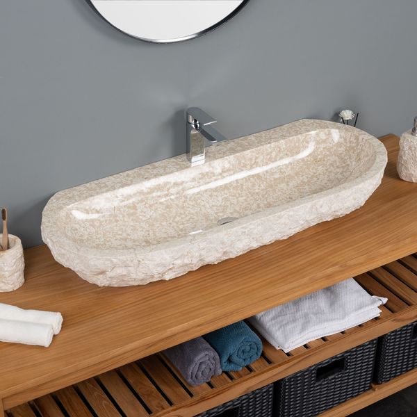 Erosi Marmor Waschbecken creme mit Hahnloch 100 cm wohnfreuden