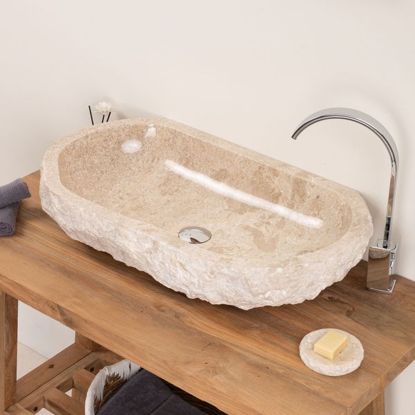 Erosi Marmor Waschbecken creme mit gerader Rückwand 70 cm