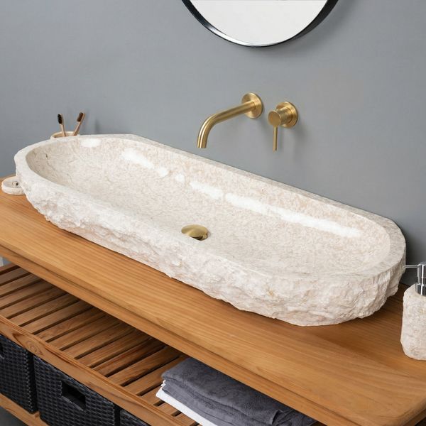 Erosi Marmor Waschbecken creme mit gerader Rückwand 120 cm wohnfreuden