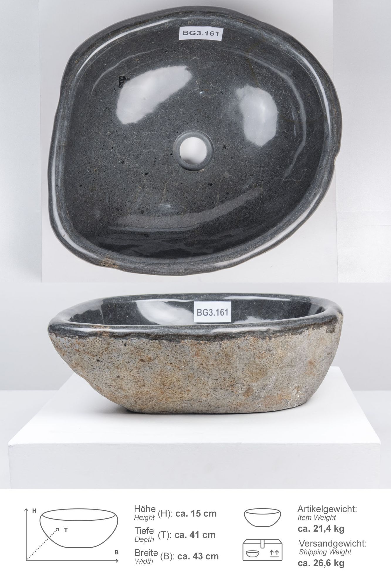 Naturstein Waschbecken 40 cm mit abgerundeter Kante BG3.161