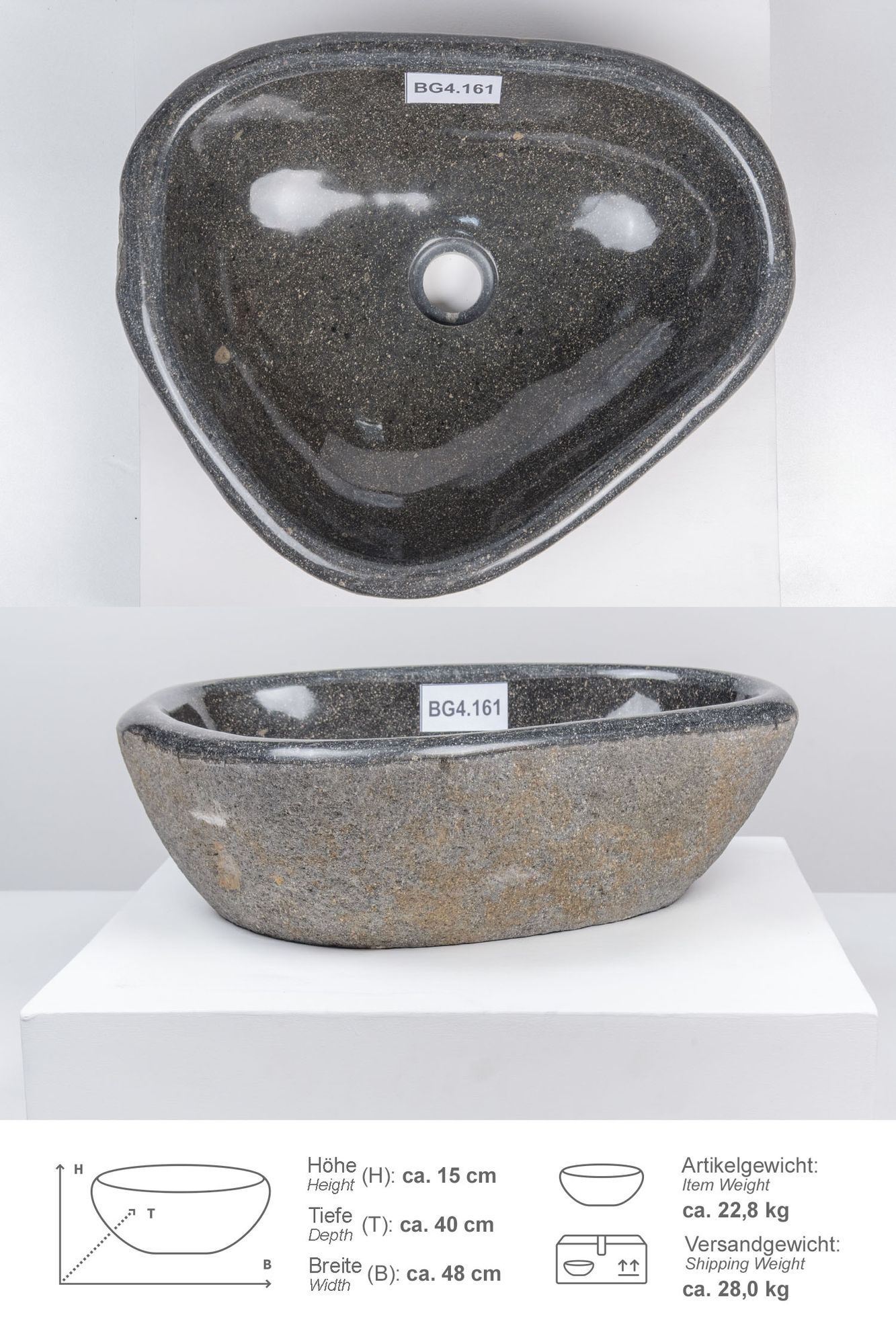 Naturstein Waschbecken 40 cm mit abgerundeter Kante BG4.161