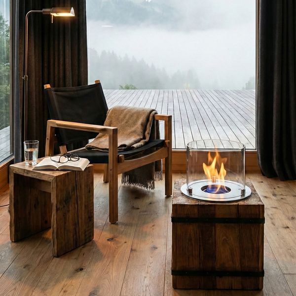Ethanol Kamin mit recycelten Teakholz Sockel rustikal Größe S wohnfreuden