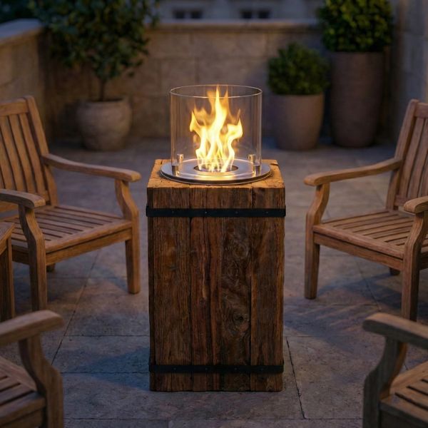 Ethanol Kamin mit recycelten Teakholz Sockel rustikal Größe M wohnfreuden