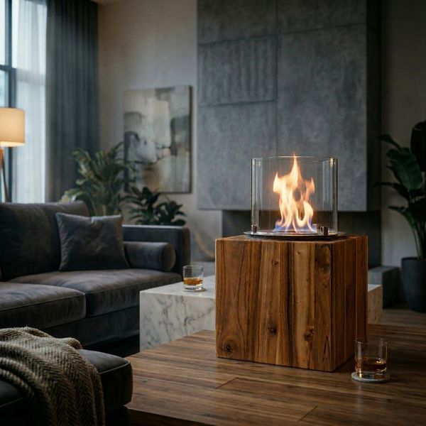 Ethanol Kamin mit Teakholz Sockel geschliffen Größe S wohhnfreuden