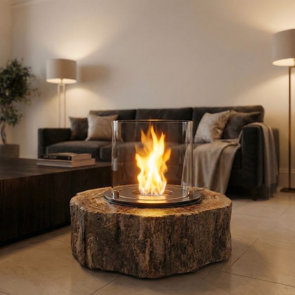 Ethanol Kamin mit fossilem Holz Sockel wohnfreuden