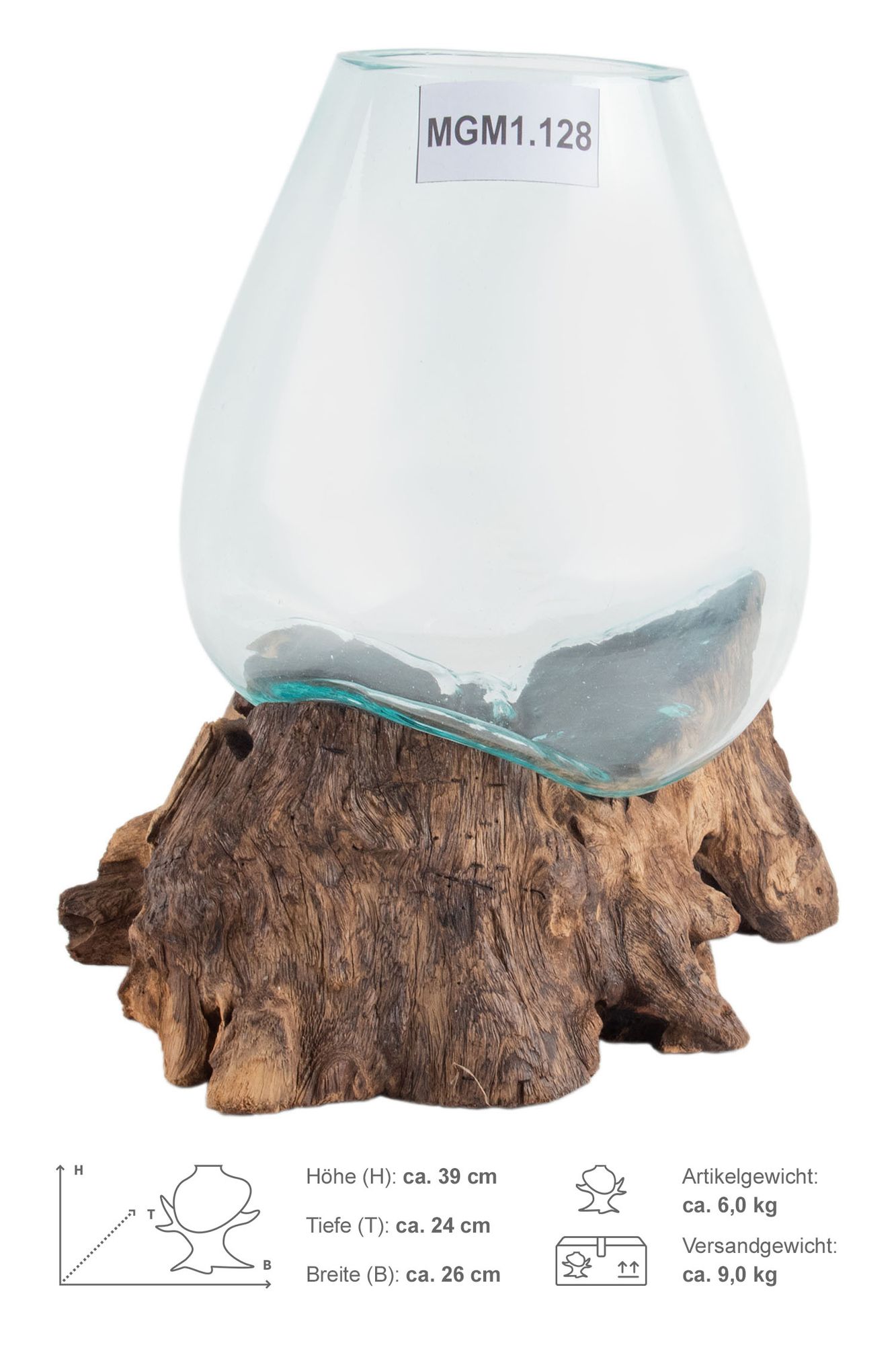 Glas Vase auf Wurzel Teakholz M 25 - 30 cm Glasvase MGM1.128