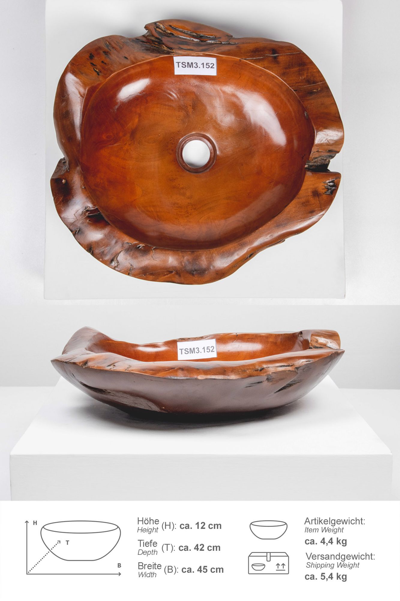 Teakholz Waschbecken 45 cm  TSM3.152