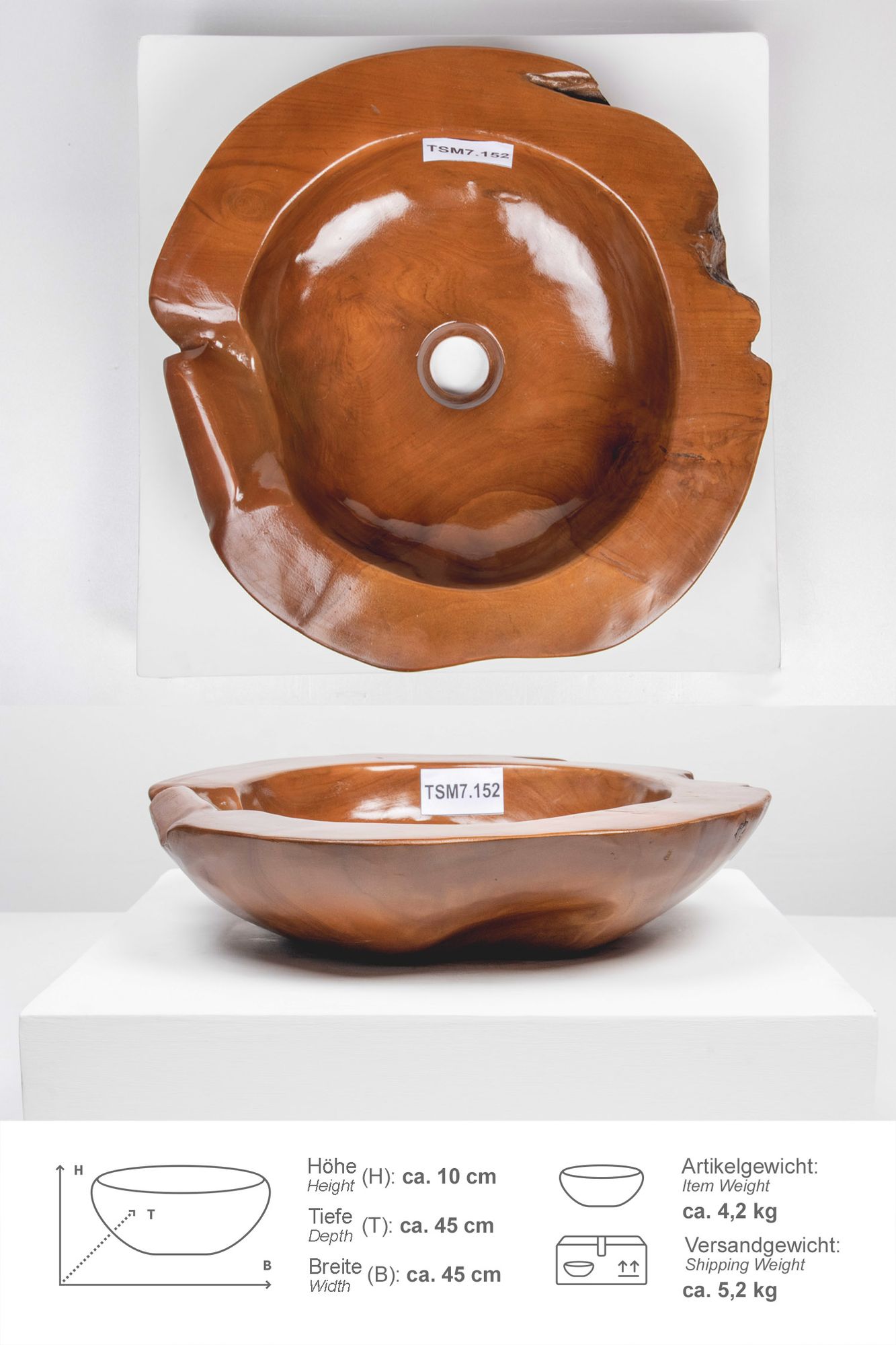 Teakholz Waschbecken 45 cm  TSM7.152
