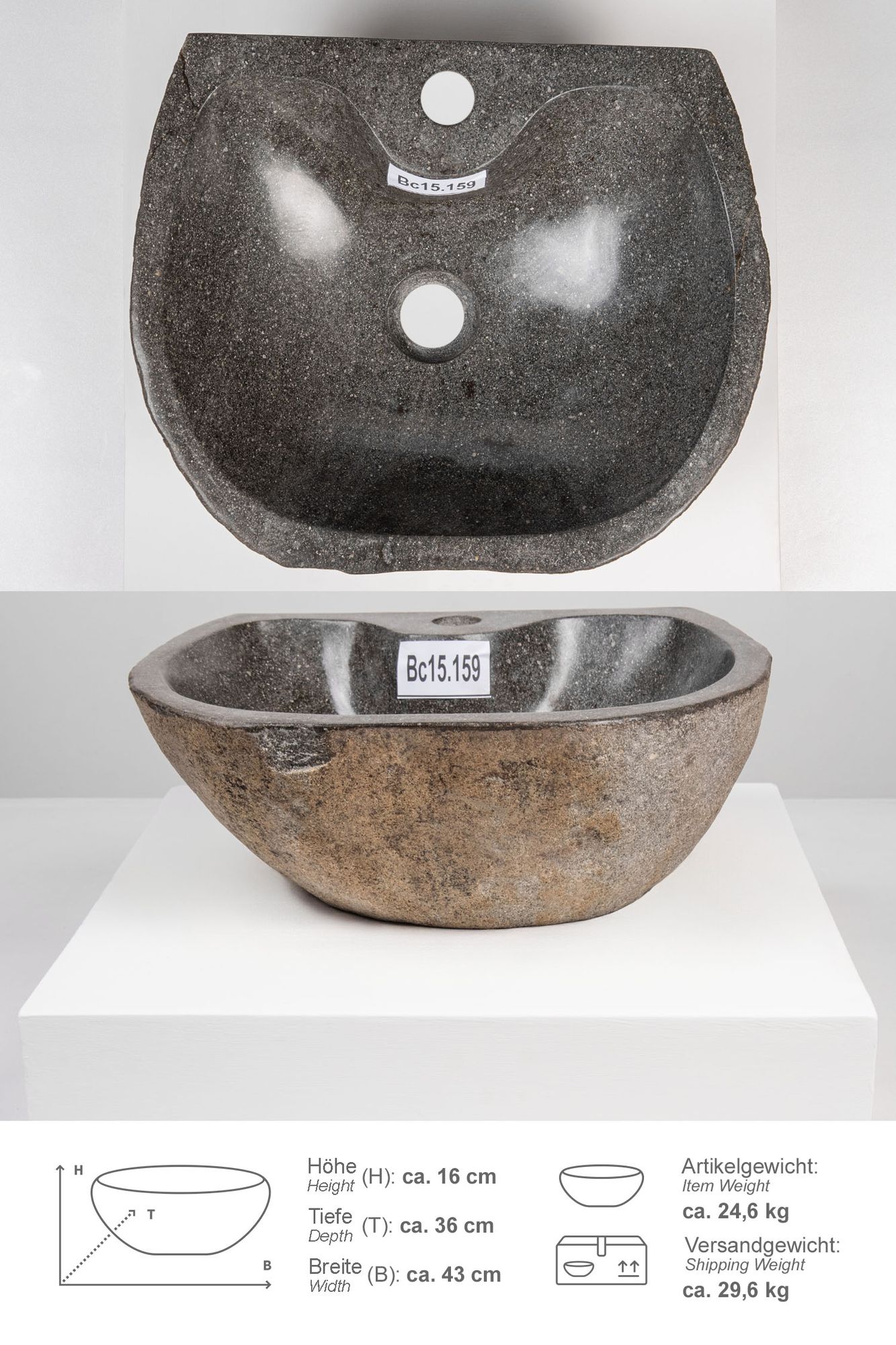 Naturstein-Waschbecken 40 cm mit Hahnloch Bc15.159