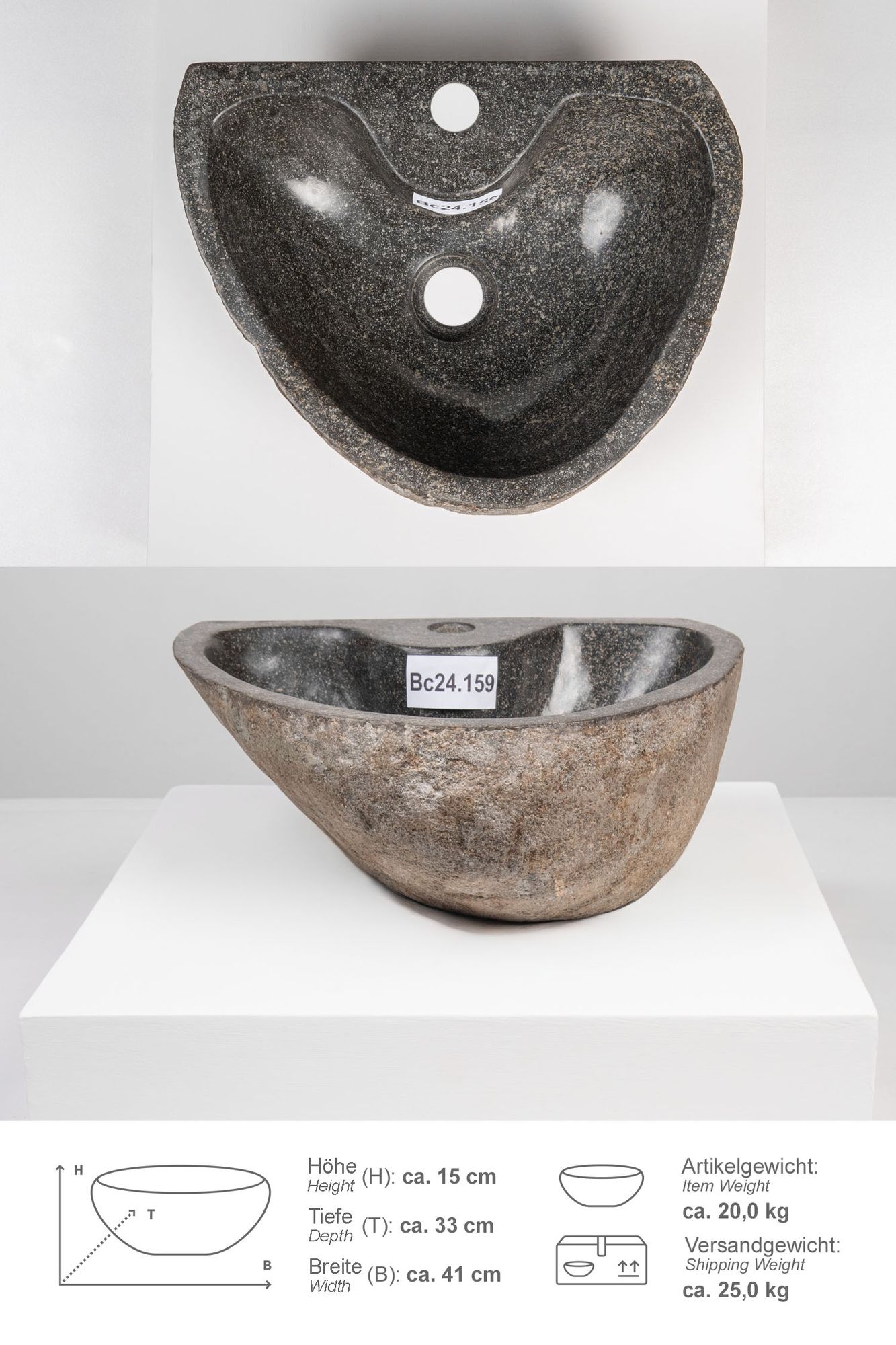 Naturstein-Waschbecken 40 cm mit Hahnloch Bc24.159