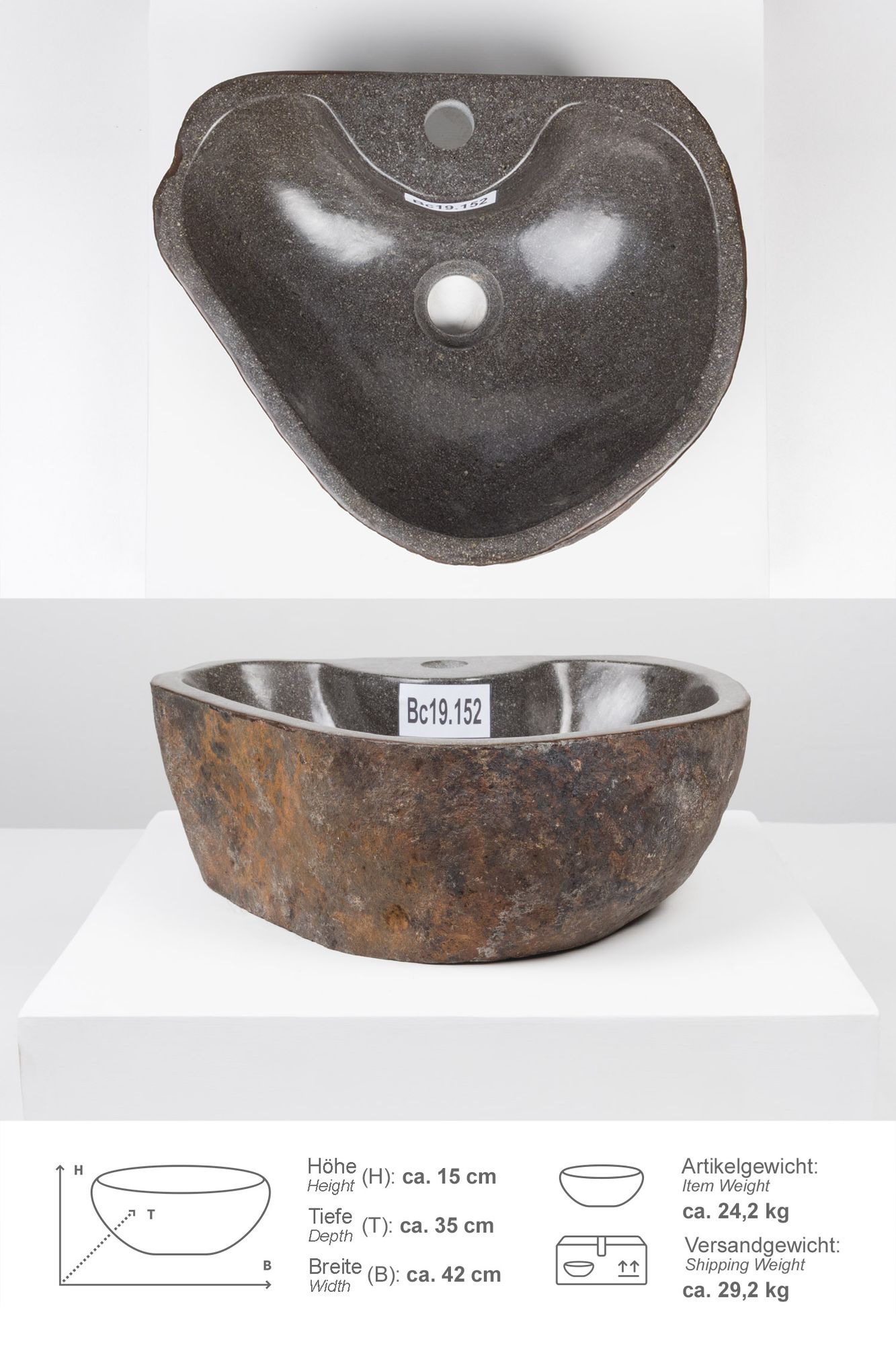 Naturstein-Waschbecken 40 cm mit Hahnloch Bc19.152