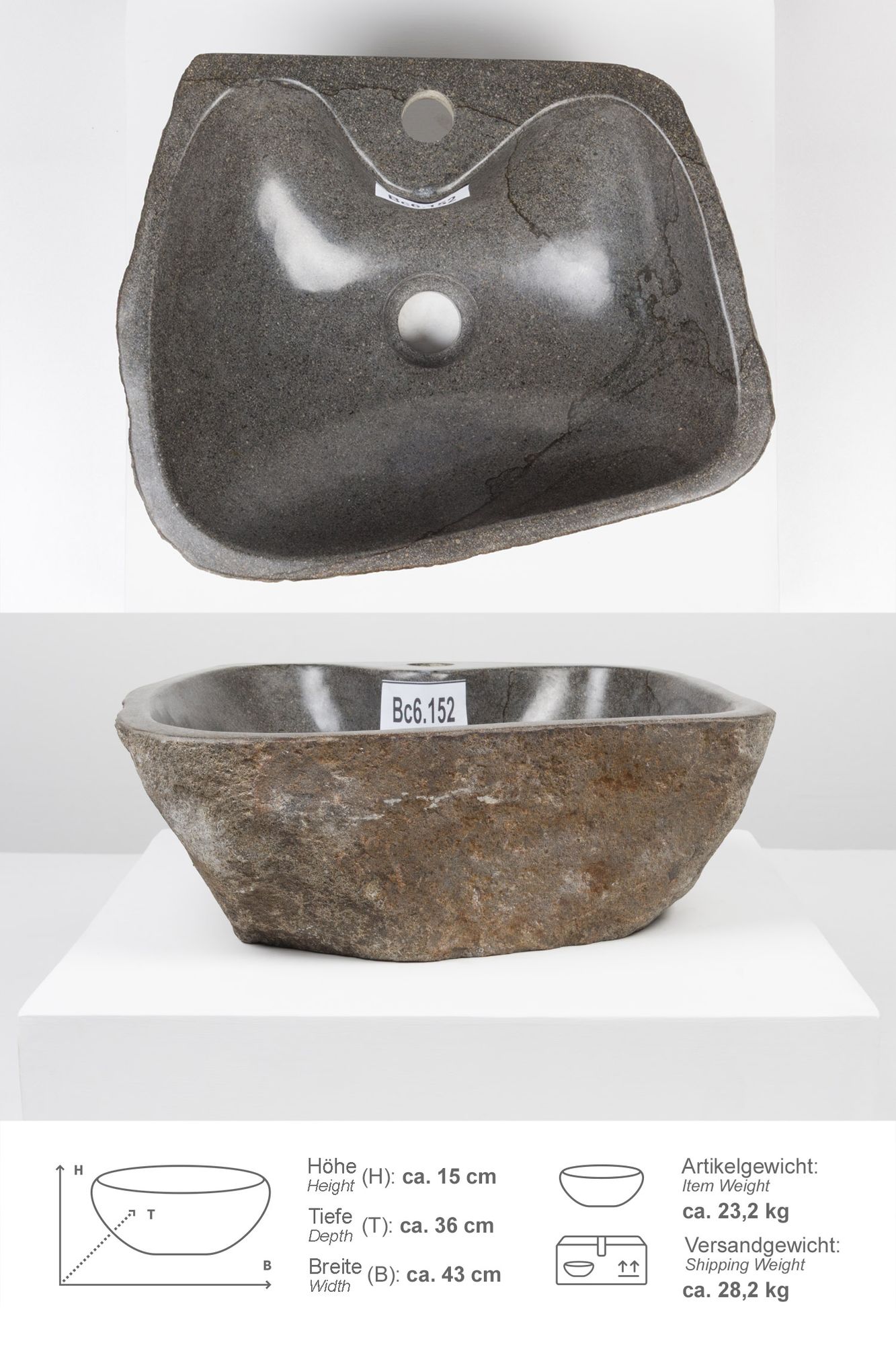 Naturstein-Waschbecken 40 cm mit Hahnloch Bc6.152